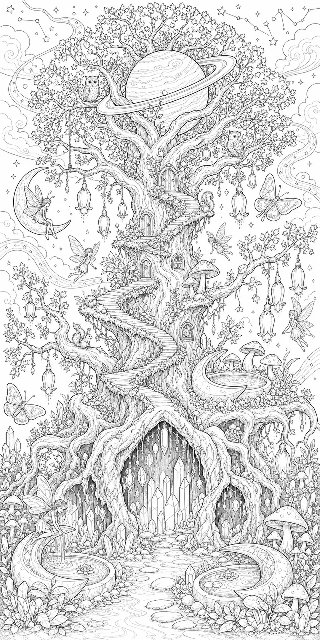 A detailed coloring page shows an enchanted treehouse built into a giant tree with fairies, butterflies, owls, mushrooms, and a ringed planet overhead.
