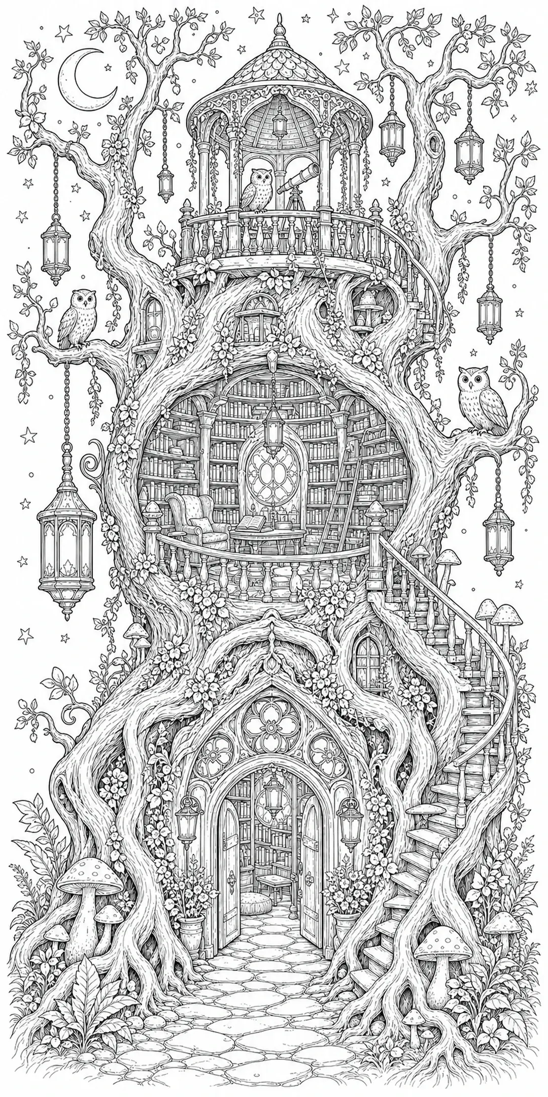 An intricate coloring page shows an enchanted treehouse library with owls, lanterns, a crescent moon, and stars.