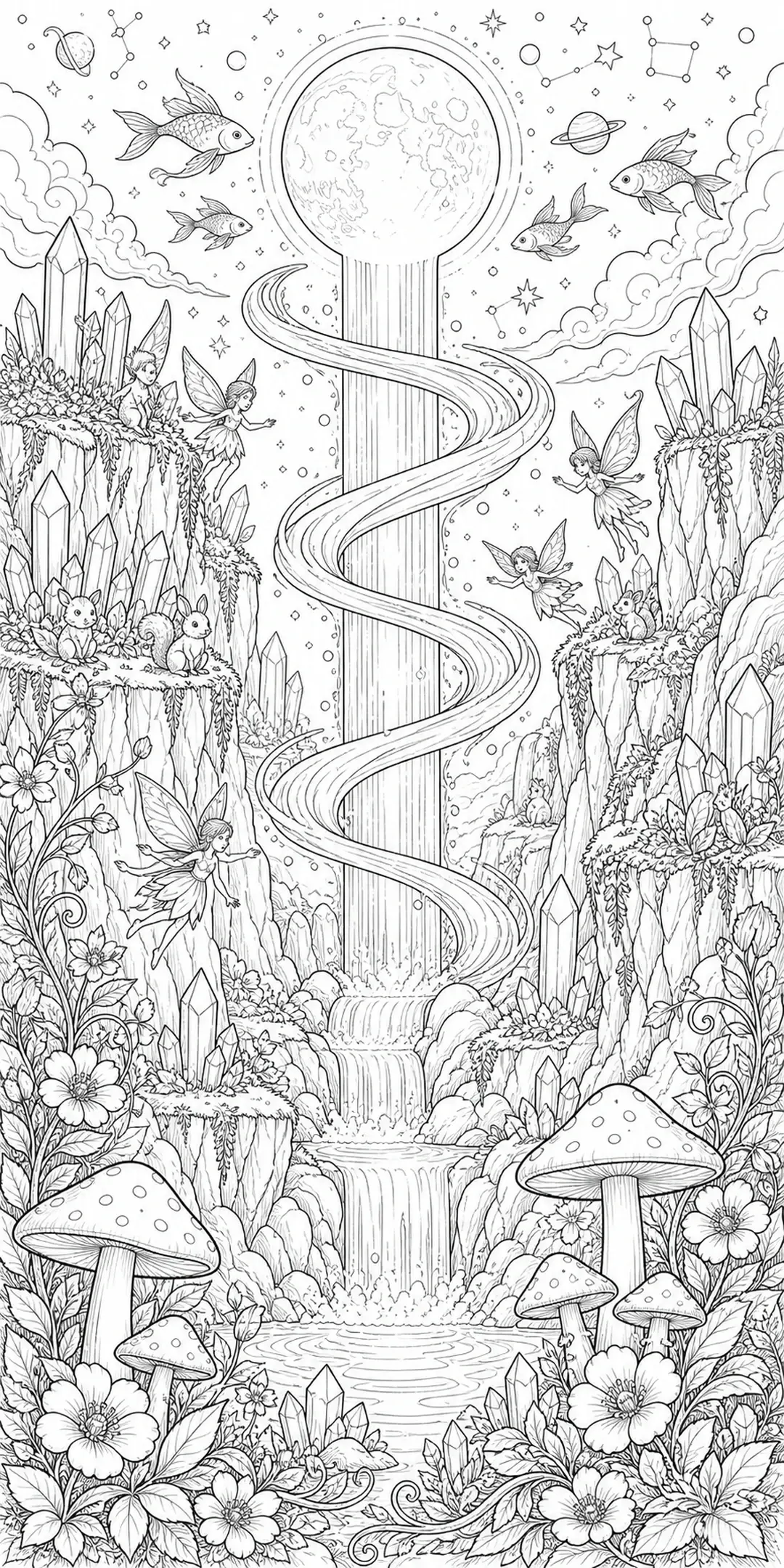 A black-and-white coloring page of an enchanted waterfall with fairies, fish, crystals, mushrooms, and flowers.