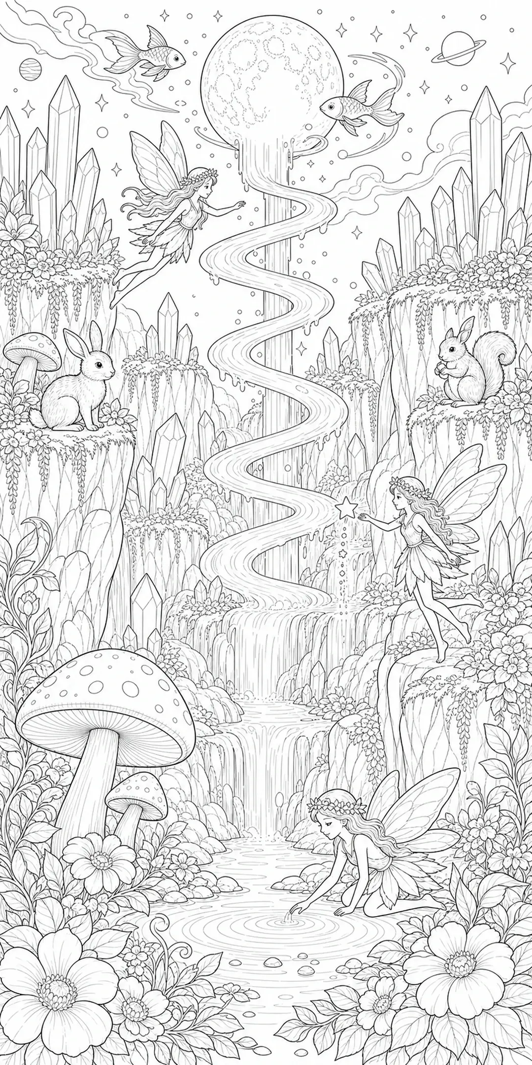 Black-and-white coloring page of fairies in a crystal-filled fantasy landscape with waterfalls, rabbits, fish, and mushrooms.