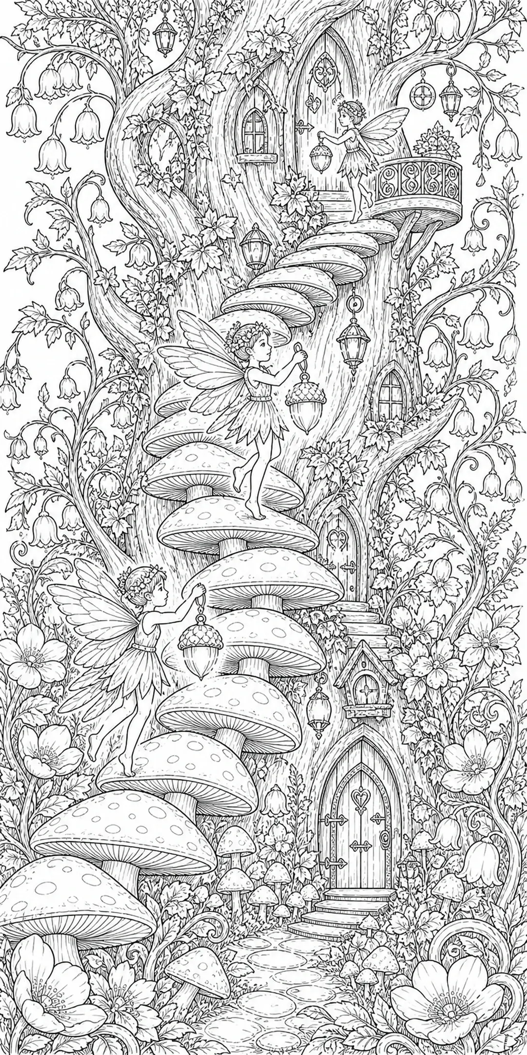 A black-and-white coloring page showing fairies on a winding mushroom staircase around a treehouse with flowers and lanterns.