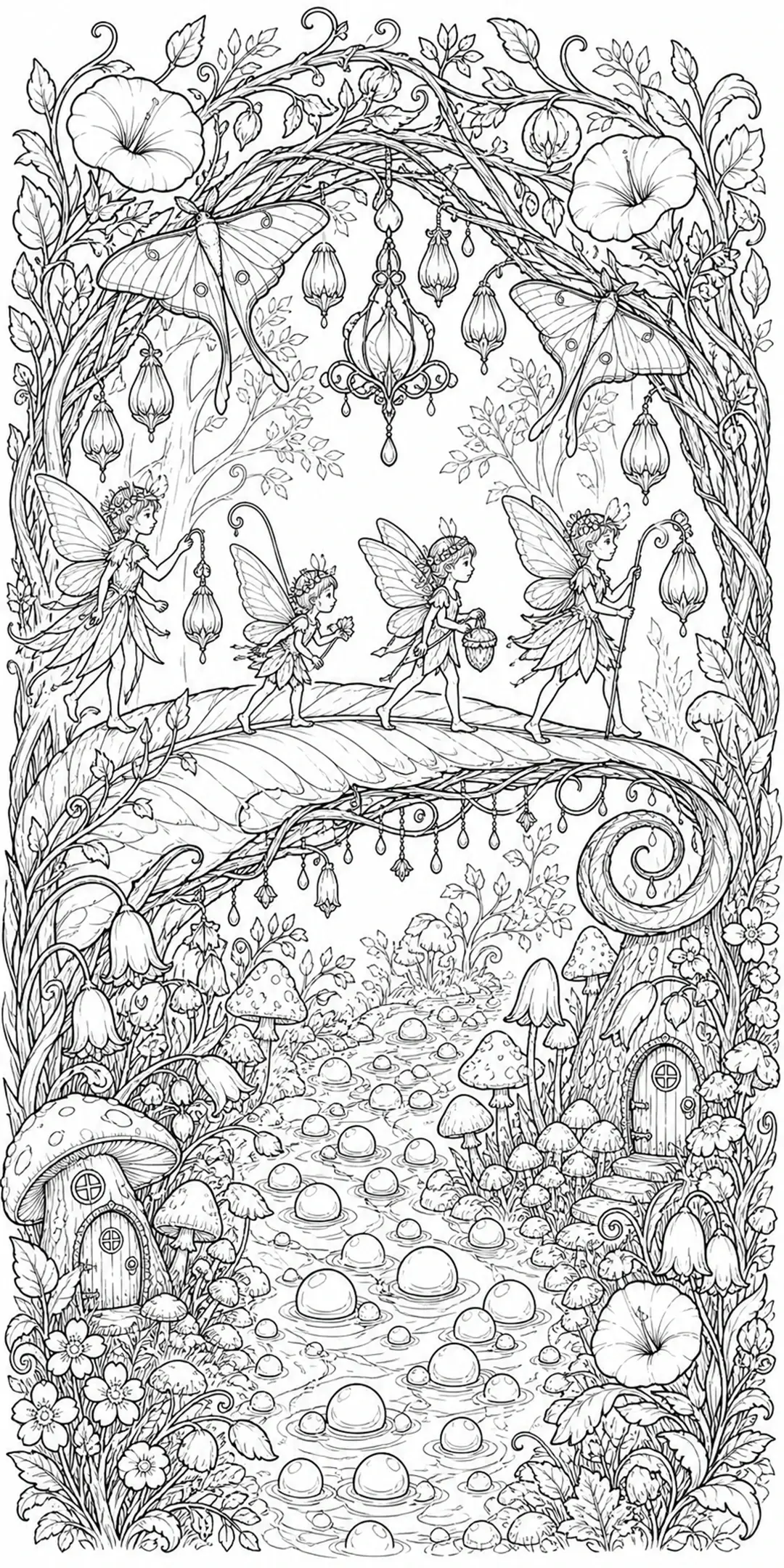 A detailed coloring page shows four fairies walking across a vine-covered bridge above a stream with mushrooms and hanging lanterns.