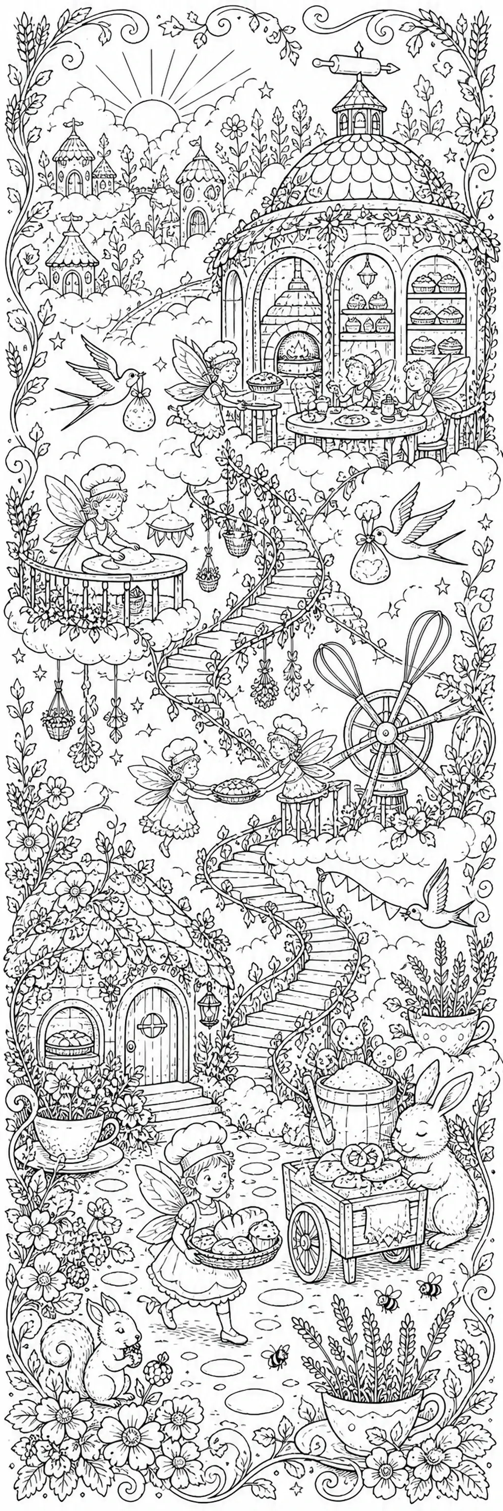A black-and-white coloring page of fairies in a cloud bakery garden with cupcakes, flowers, a rabbit, and birds.