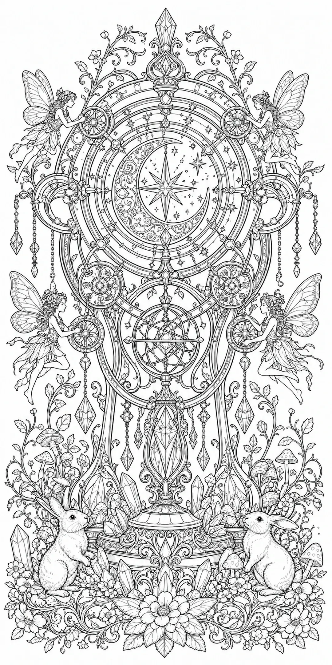 An intricate coloring page shows four fairies around a celestial clockwork design with rabbits, flowers, and crystals.