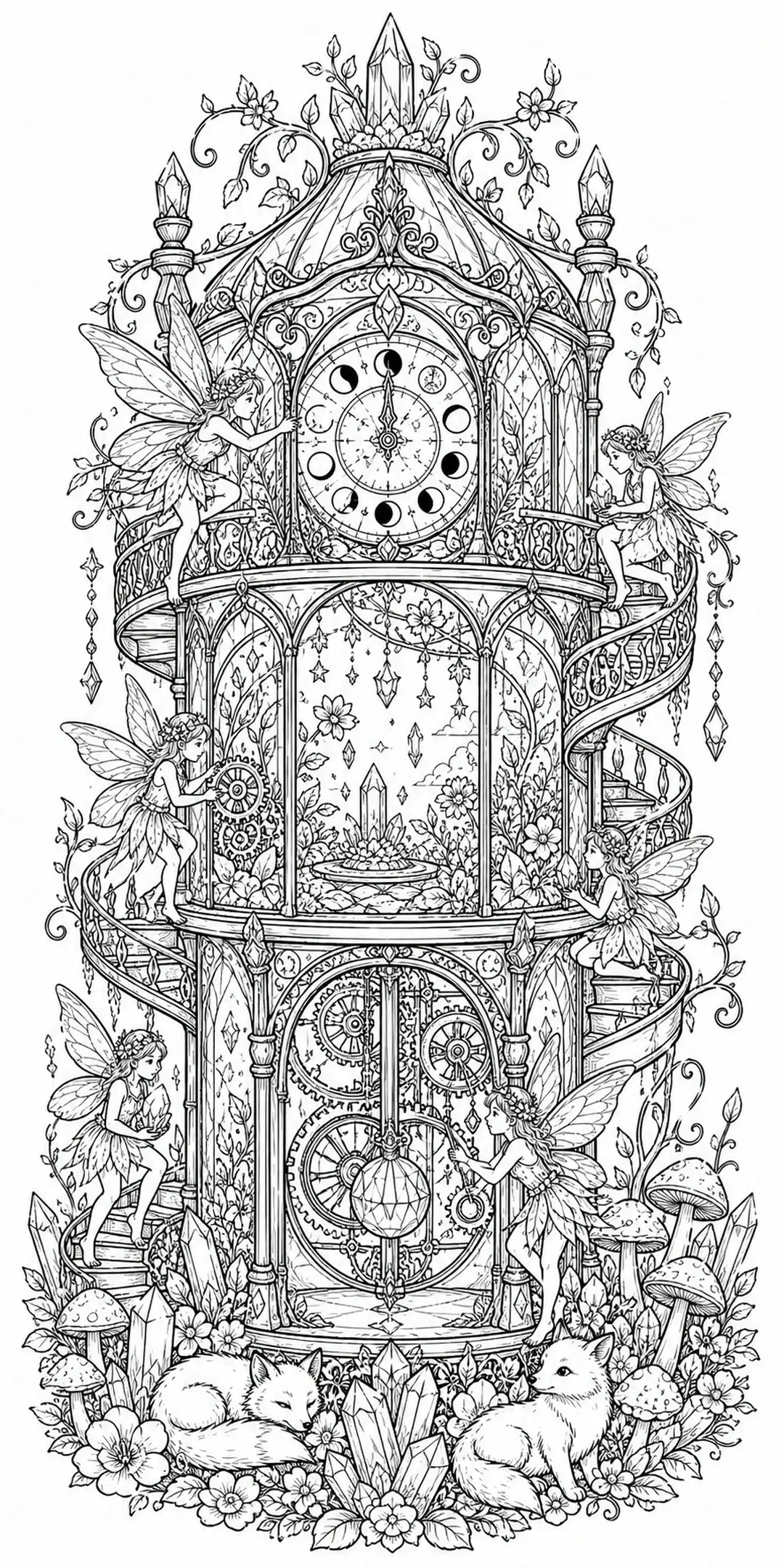 A black-and-white coloring page of fairies around a tall fantasy tower with a large clock, crystals, flowers, and foxes.