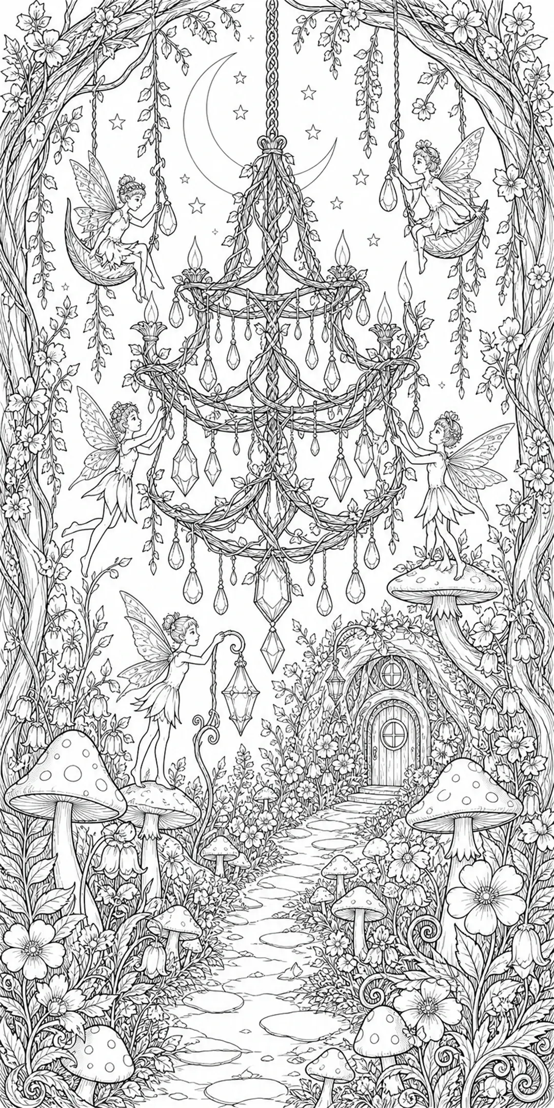 An intricate coloring page shows fairies in a whimsical forest garden with a crescent moon, flowers, mushrooms, and hanging chandeliers.