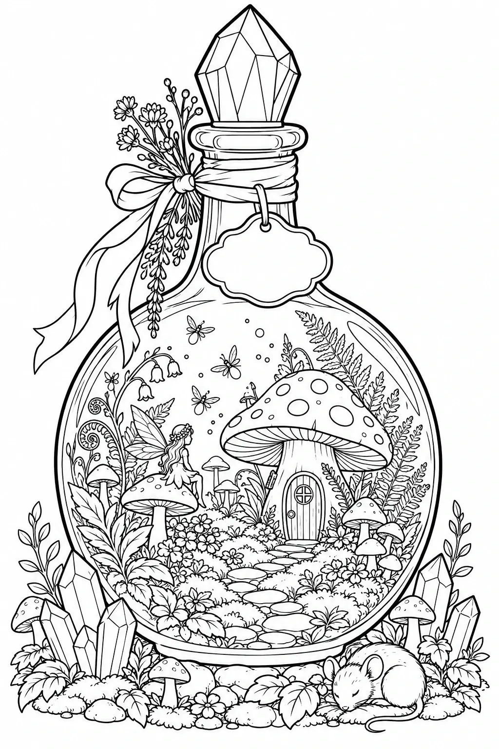 This detailed coloring page shows a tiny fairy beside a mushroom cottage in a flower-filled glass bottle, with crystals and a sleeping mouse outside.