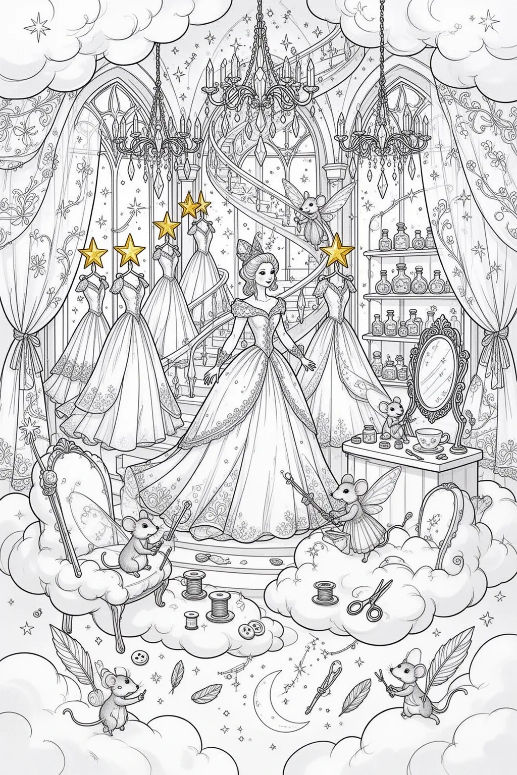 Black and white coloring page of whimsical fairy godmother dress shop in the clouds with elegant gowns, chandeliers, mirrors, mice, and magical details
