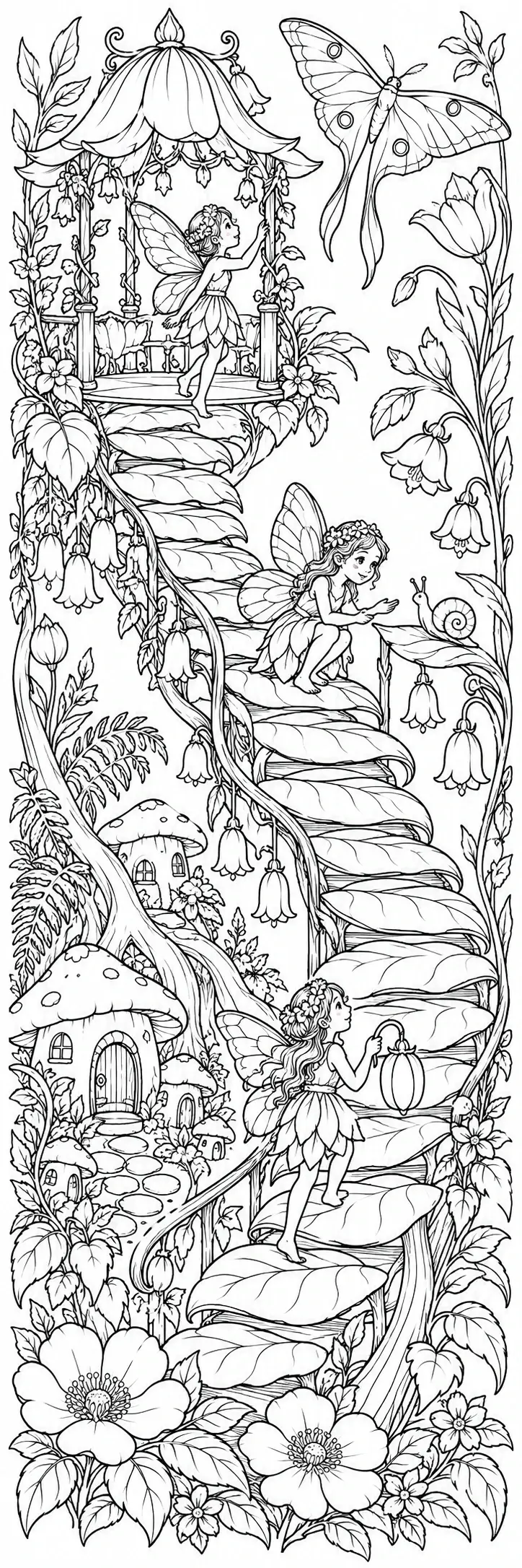 A black-and-white coloring page showing fairies on a winding stairway with lanterns, flowers, mushrooms, and a large butterfly.
