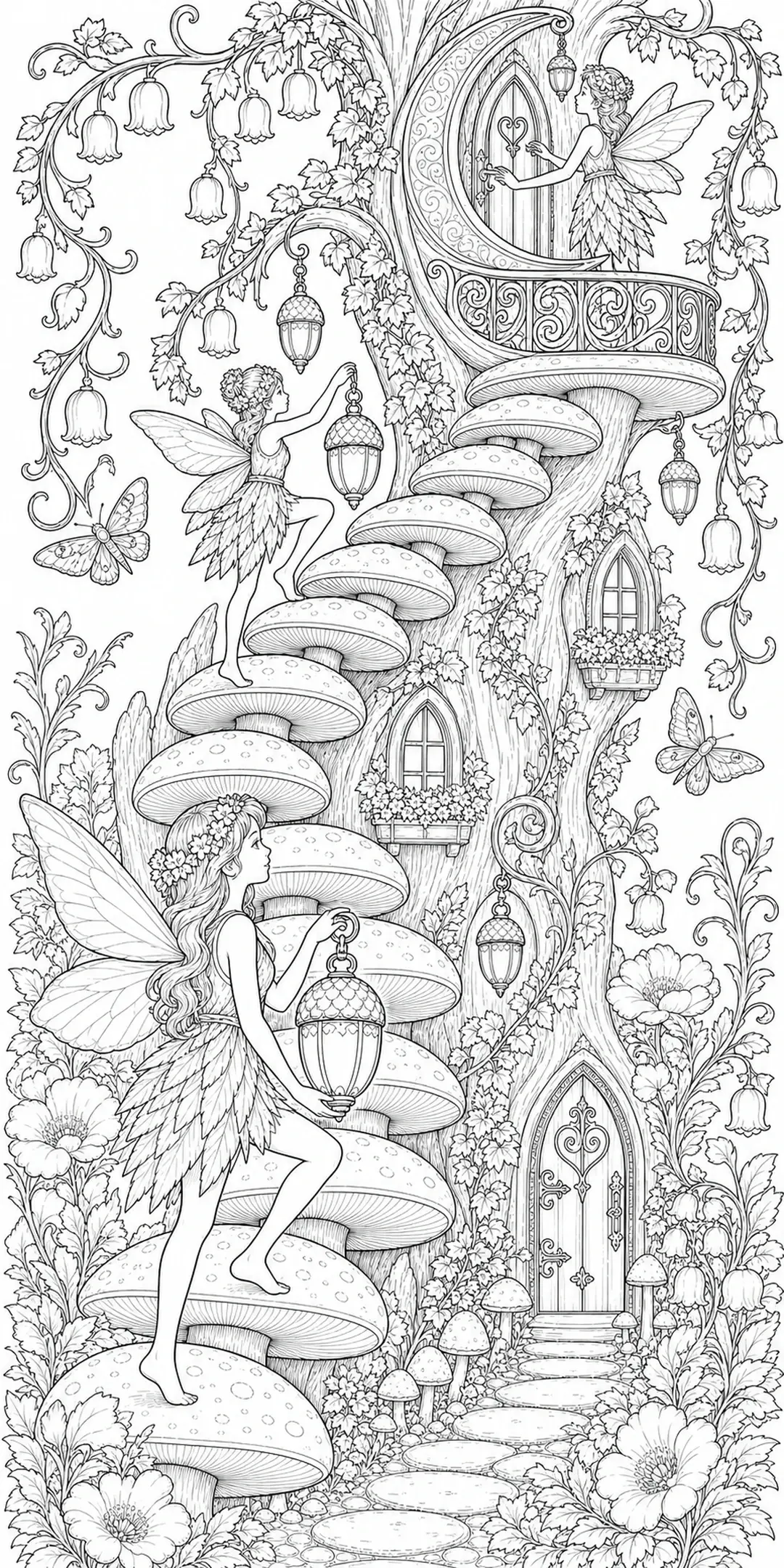 A black-and-white coloring page shows two fairies on a mushroom staircase beside a fantasy tree house with lanterns and flowers.