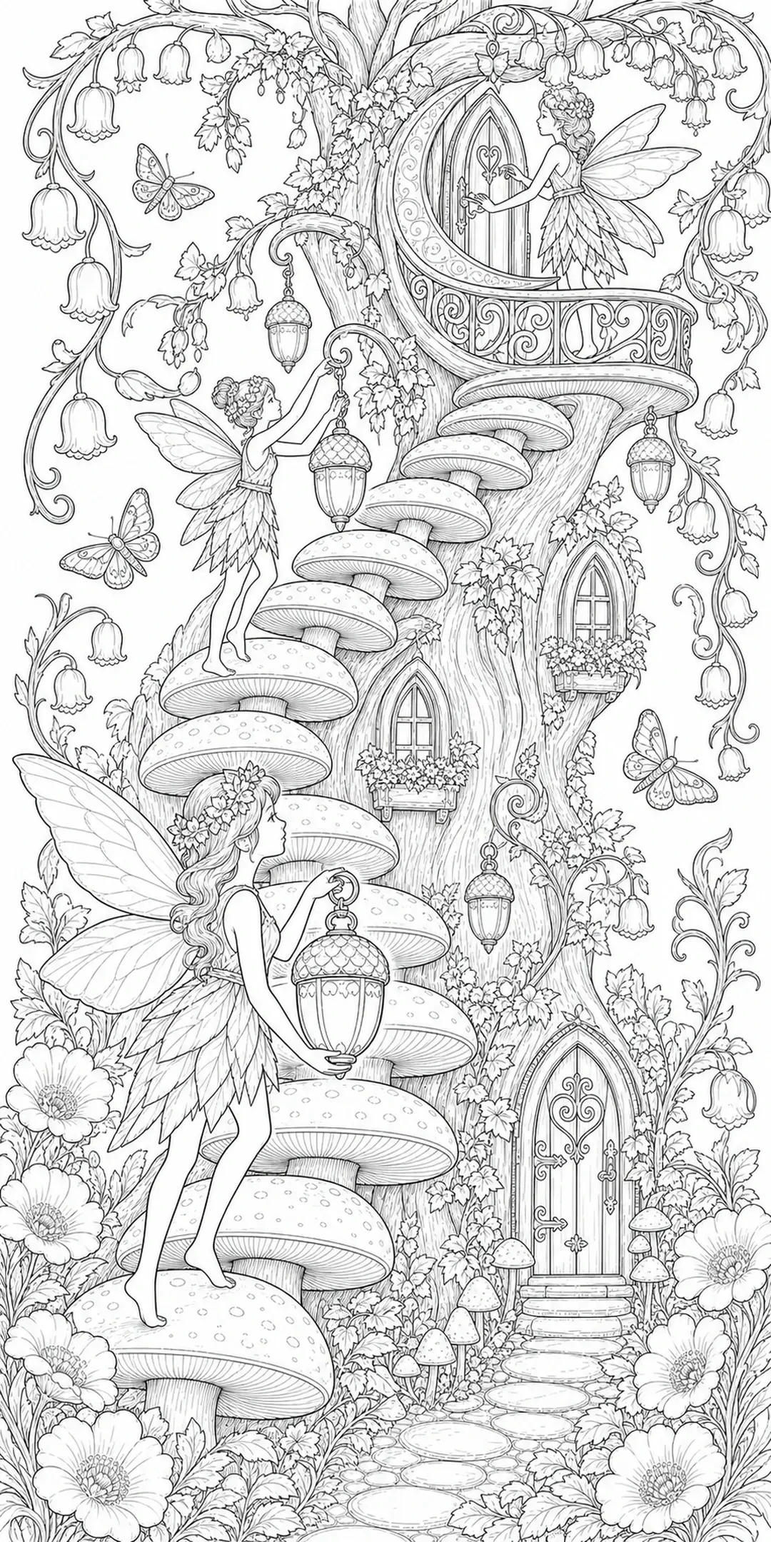 A black-and-white coloring page shows fairies on a mushroom staircase beside a treehouse with lanterns, flowers, and butterflies.