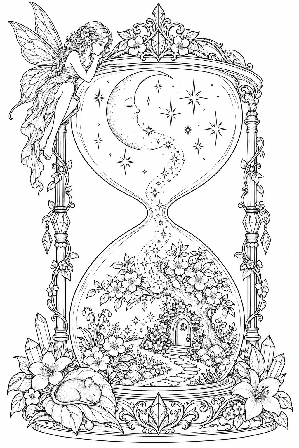 An intricate coloring page shows a winged fairy leaning over a starry hourglass with a crescent moon, flowers, a garden, and a sleeping mouse.