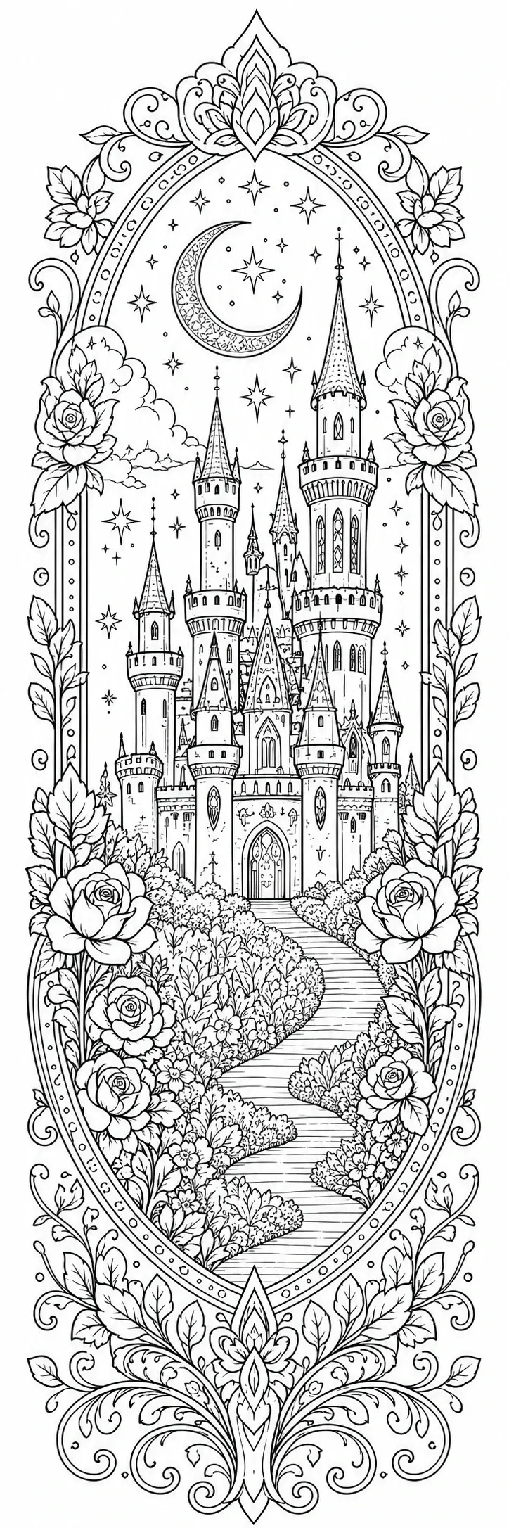 An intricate castle coloring page with a crescent moon, stars, and a floral border.