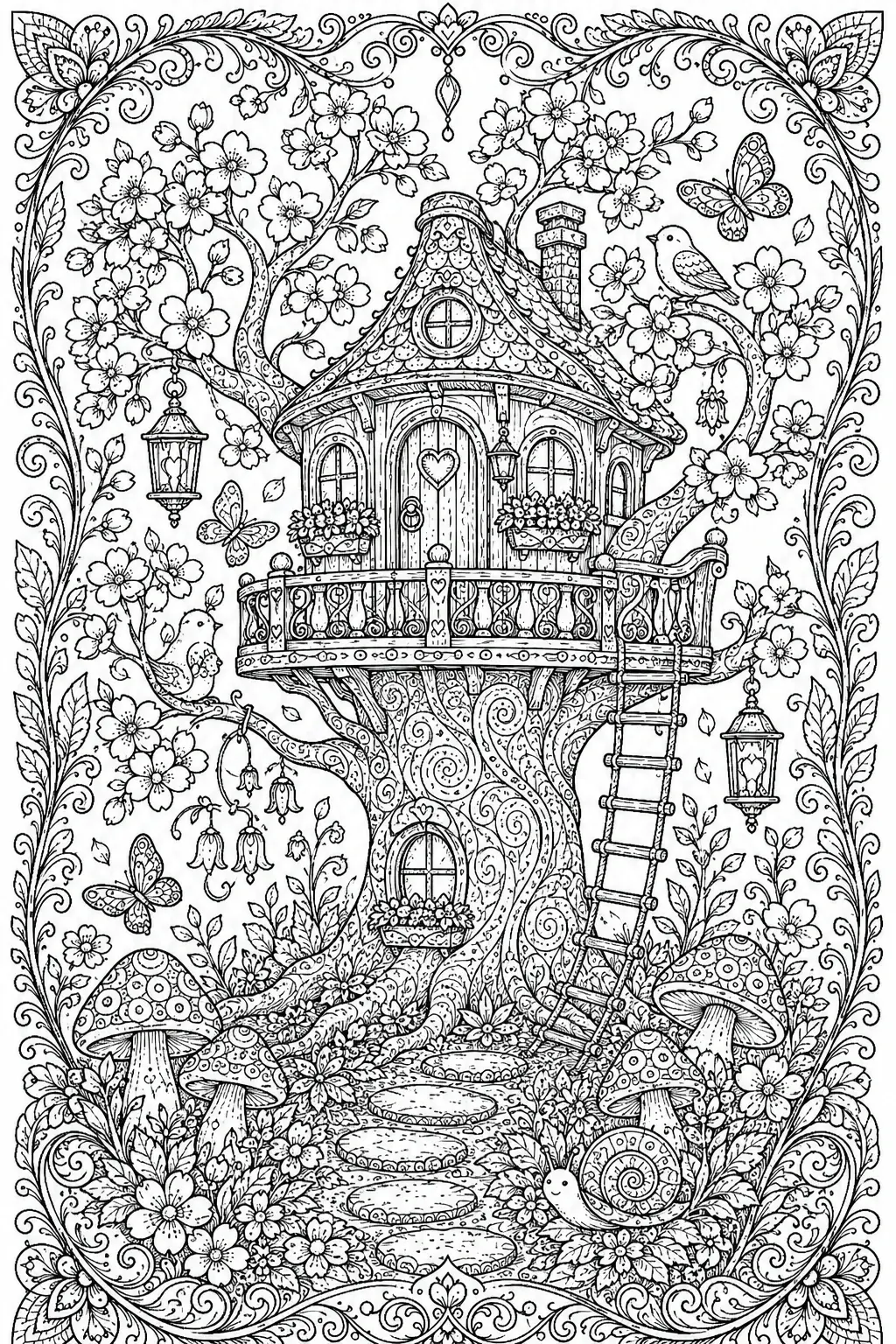 A detailed coloring page of a fairy treehouse surrounded by flowers, mushrooms, birds, butterflies, and hanging lanterns.