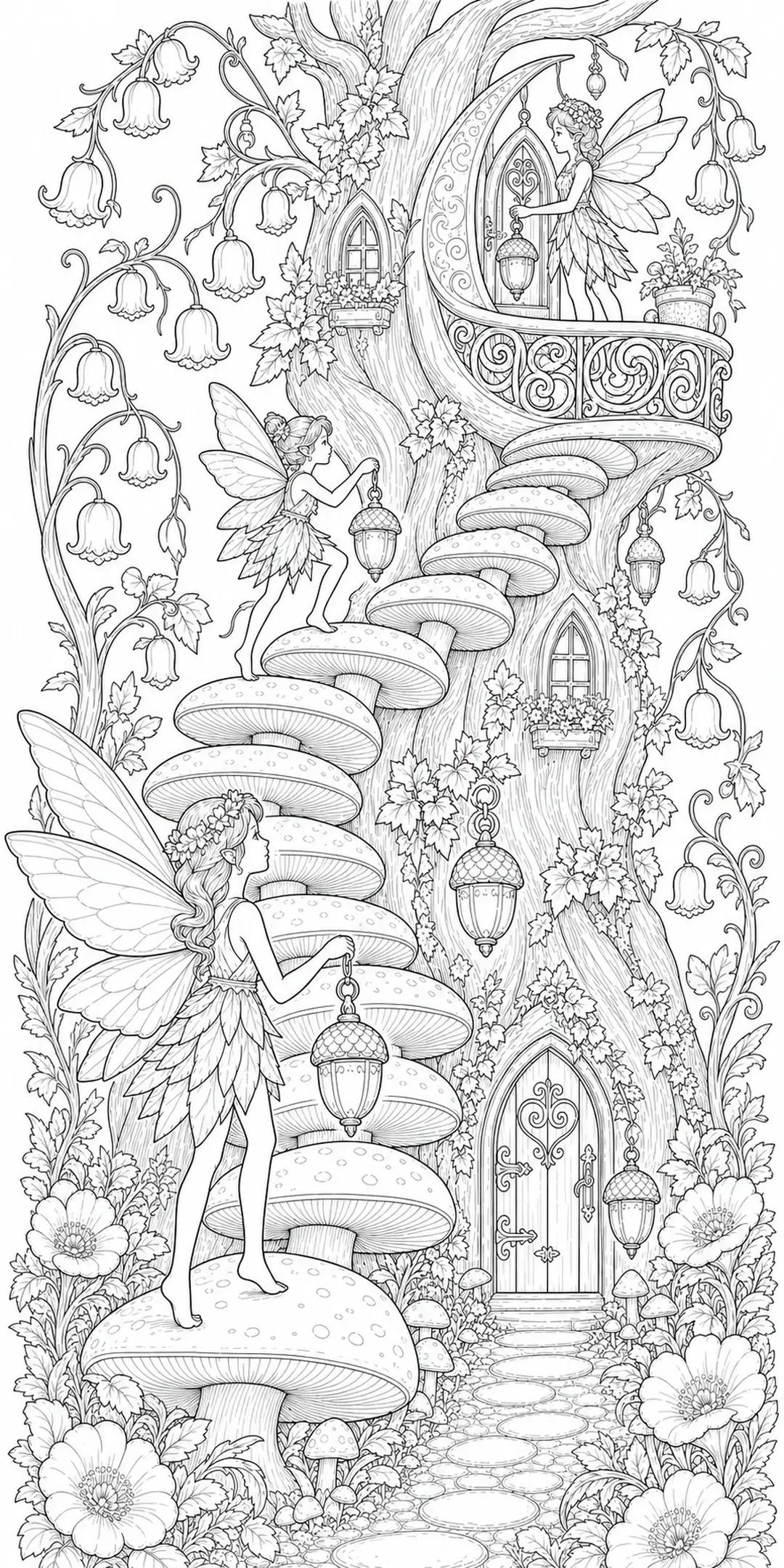 A black-and-white coloring page shows fairies on mushroom steps around a treehouse with lanterns, flowers, and a winding path.