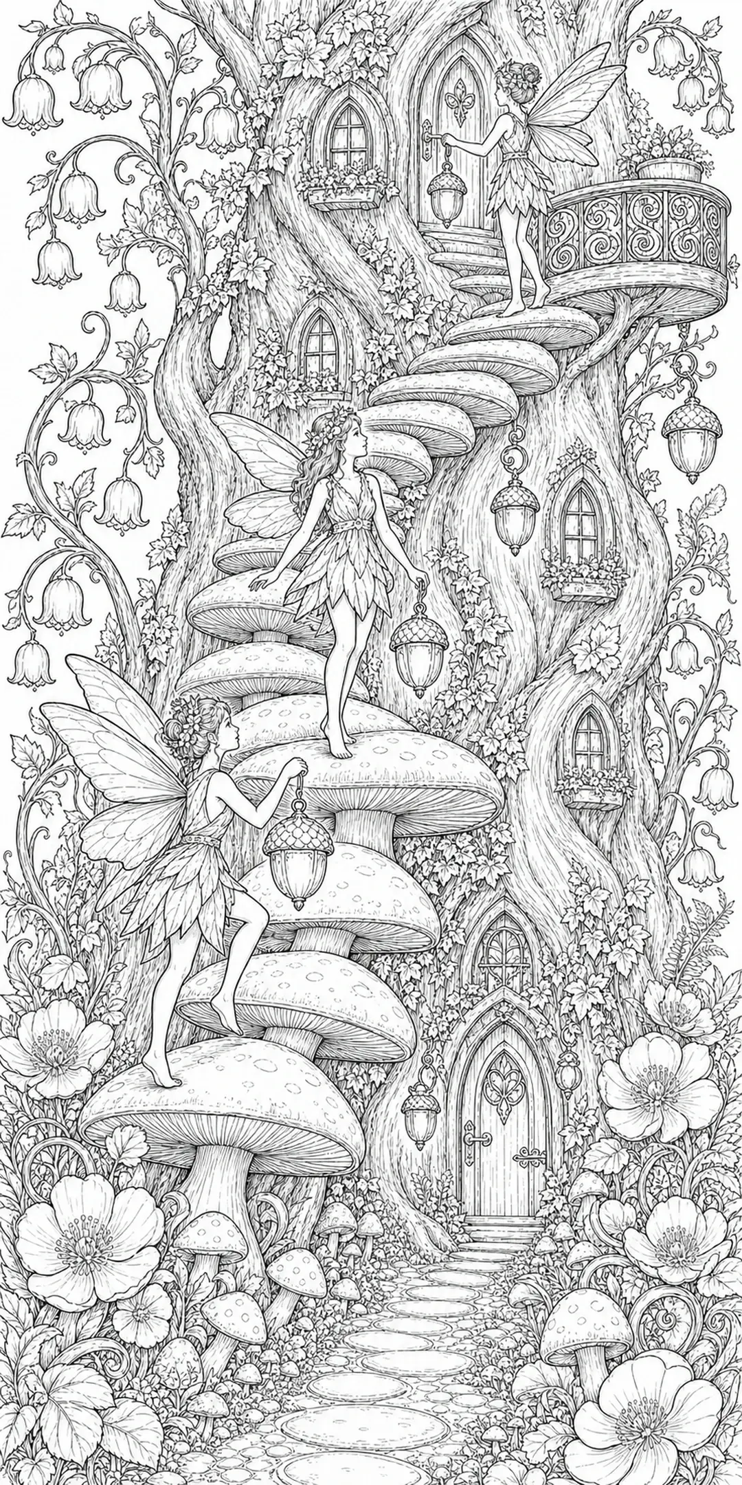 A coloring page showing three fairies on a winding mushroom staircase around a treehouse with flowers and lanterns.
