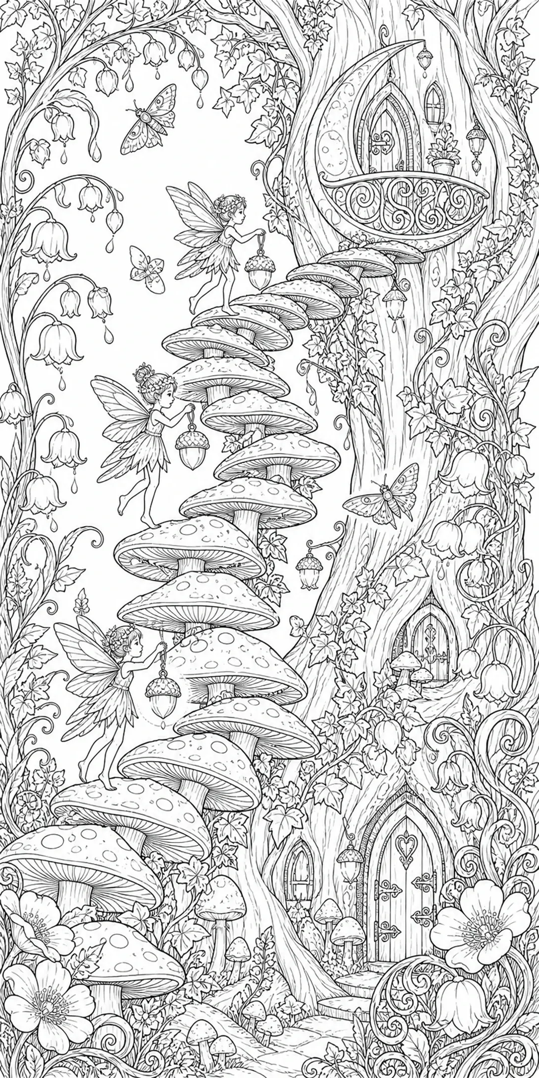 A fairy treehouse coloring page with a mushroom staircase, lanterns, butterflies, and flowers.