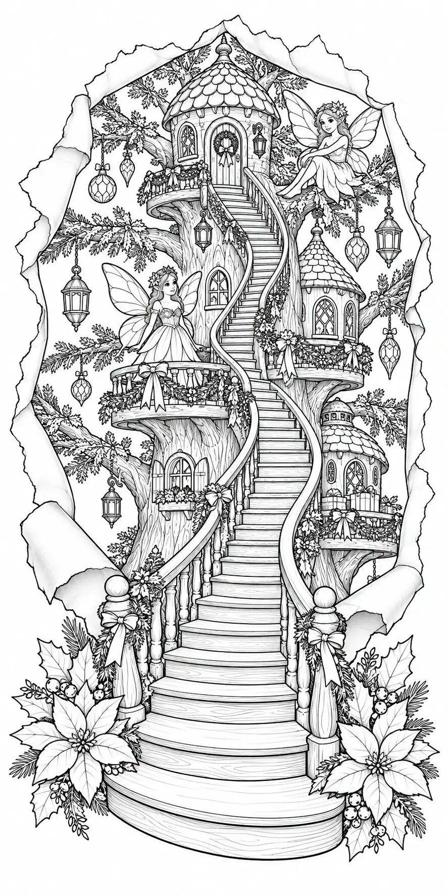 A black-and-white coloring page of a fairy treehouse with winding stairs, lanterns, and two fairies sitting on balconies.