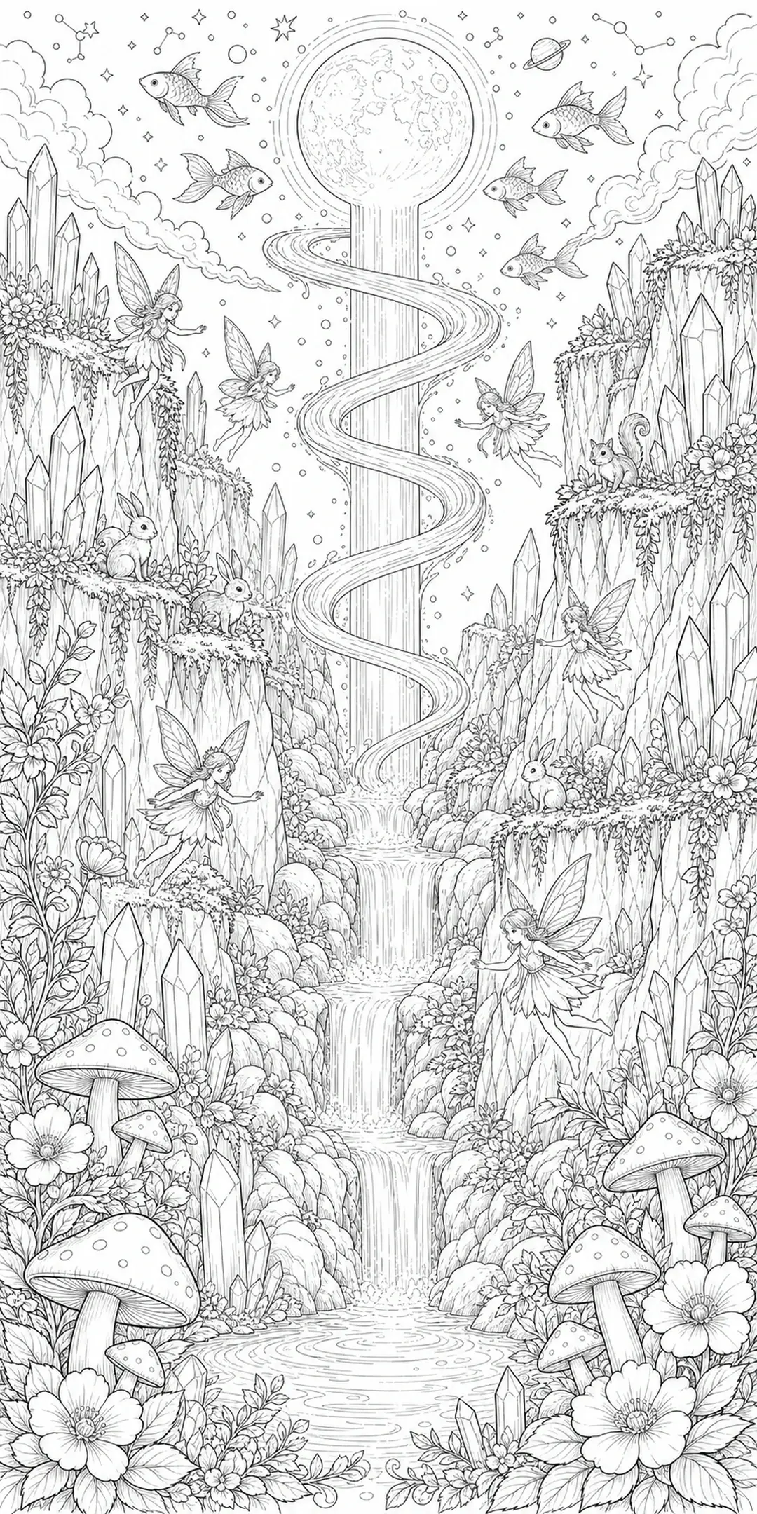 A black-and-white coloring page shows fairies, crystals, a winding waterfall, fish, rabbits, and mushrooms in a fantasy landscape.