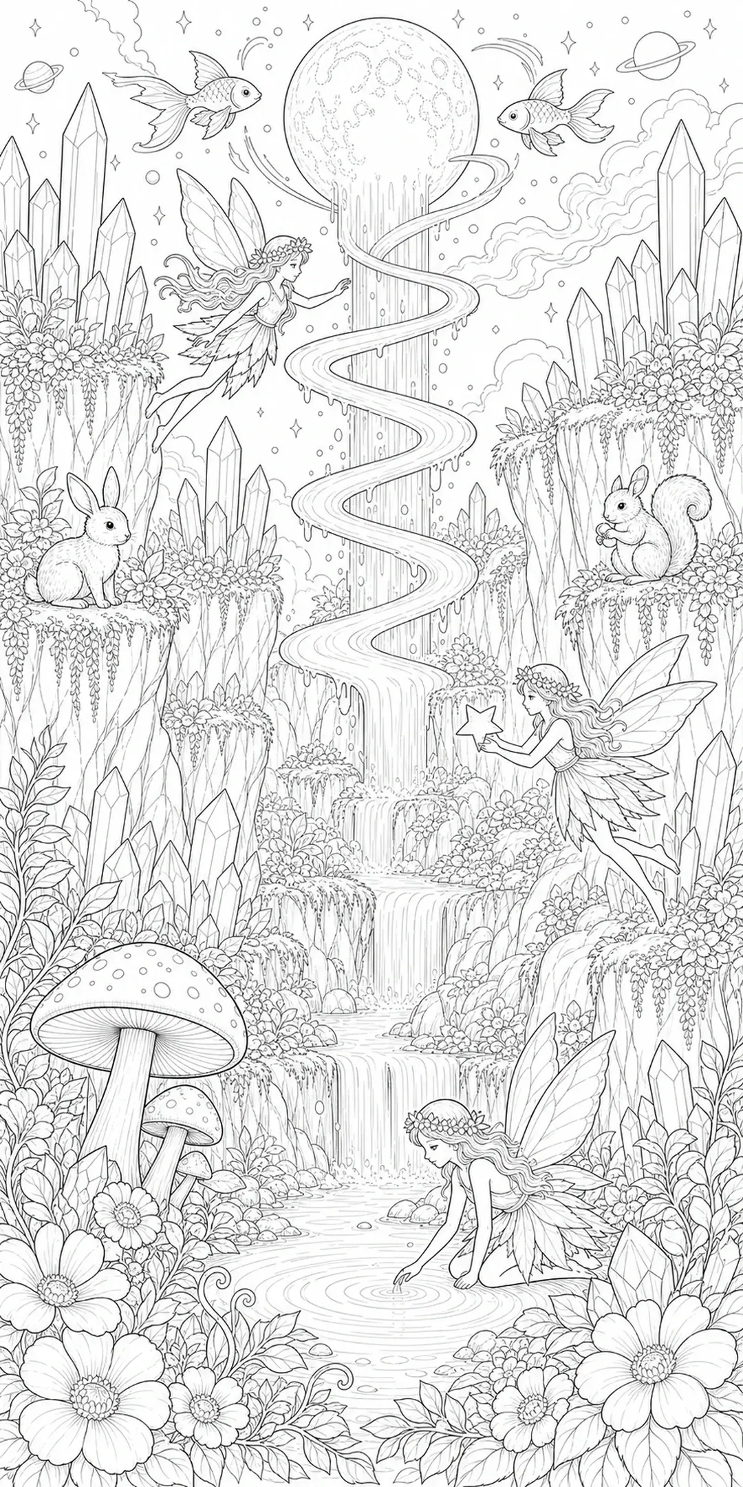 A fantasy coloring page showing fairies near a winding waterfall, with crystals, fish, rabbits, mushrooms, and flowers.
