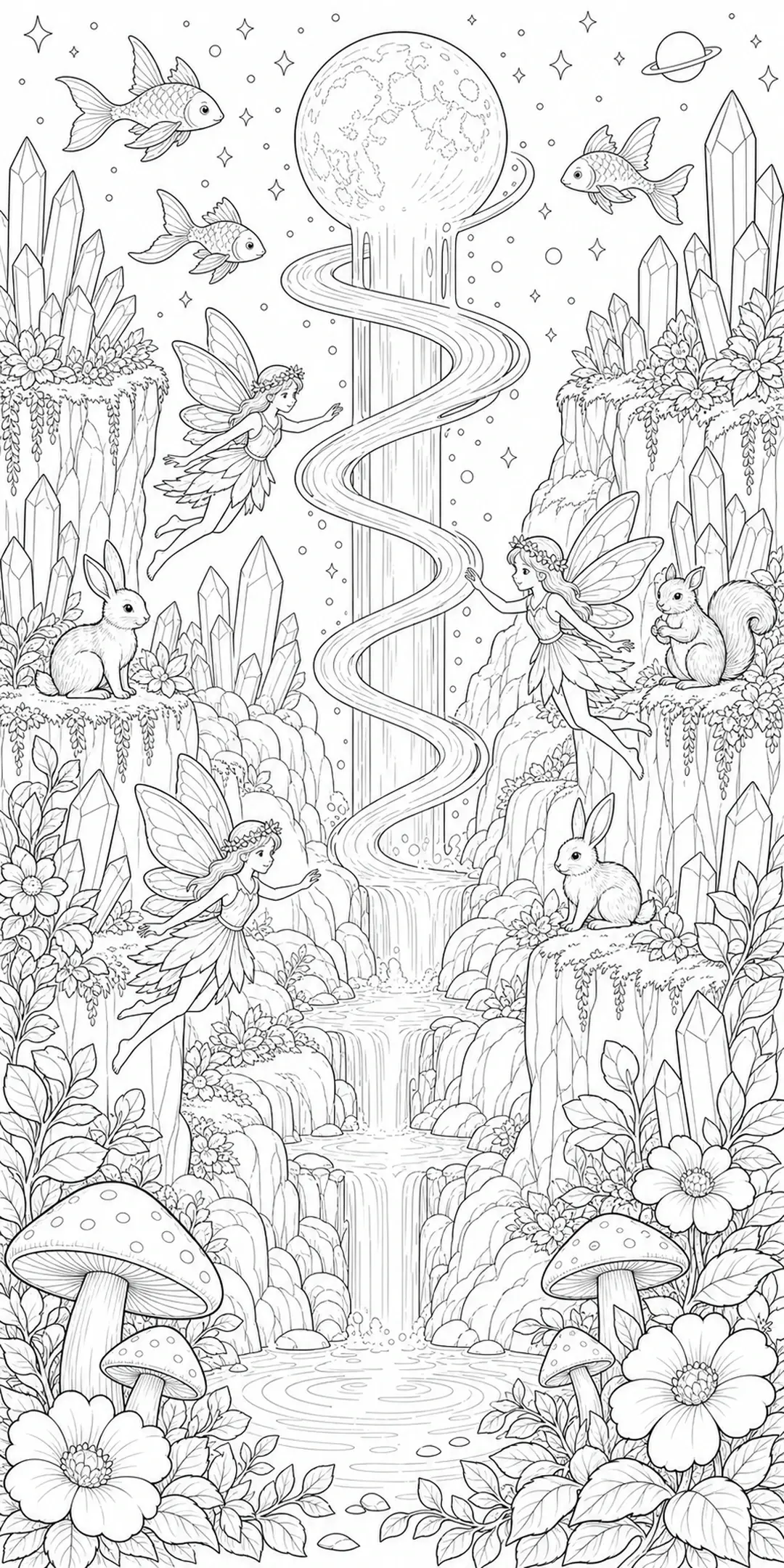 A black-and-white coloring page shows fairies, fish, rabbits, crystals, mushrooms, and a waterfall under a moonlit sky.