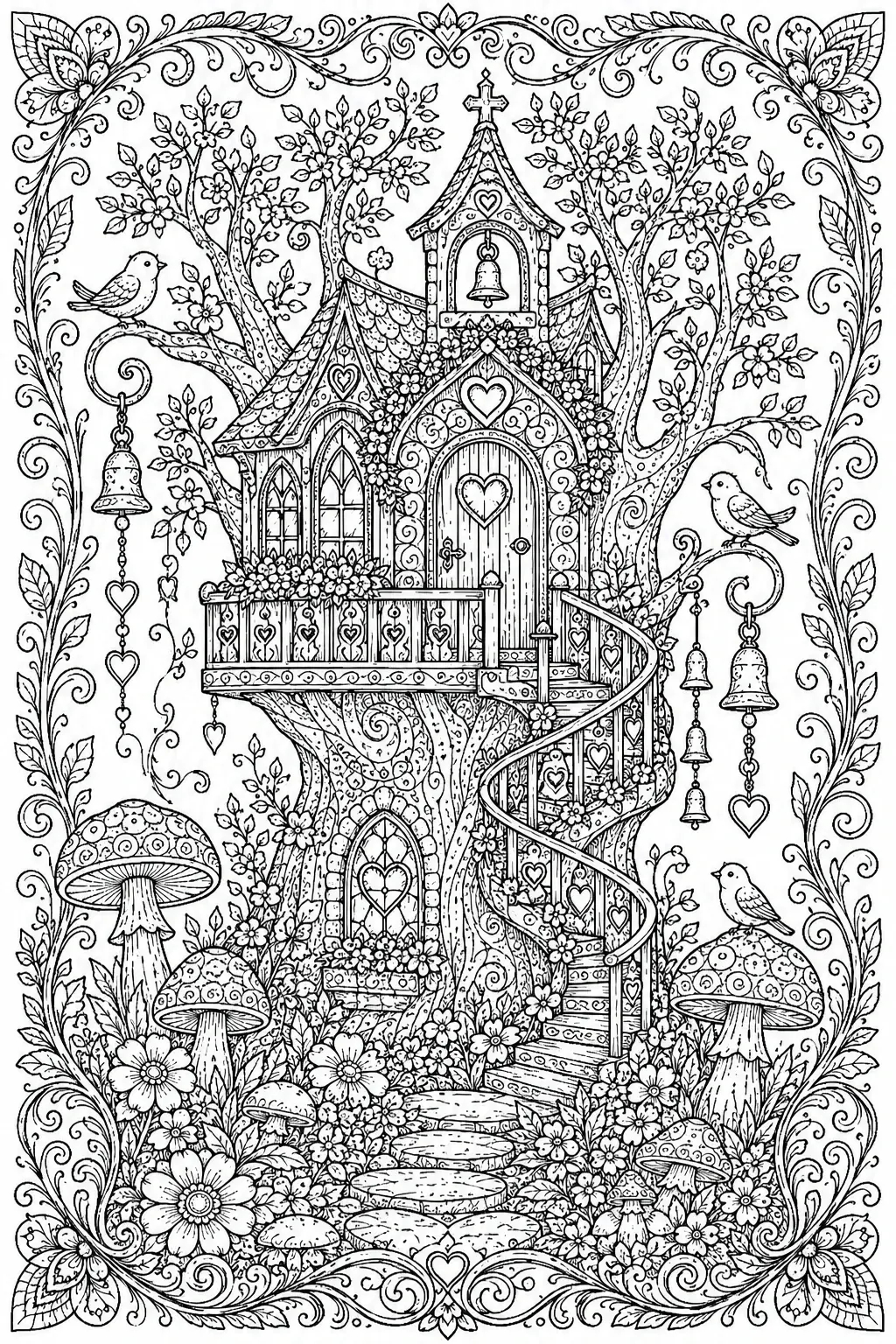 An intricate coloring page shows a fairytale treehouse chapel with bells, birds, flowers, mushrooms, and a swirling staircase.