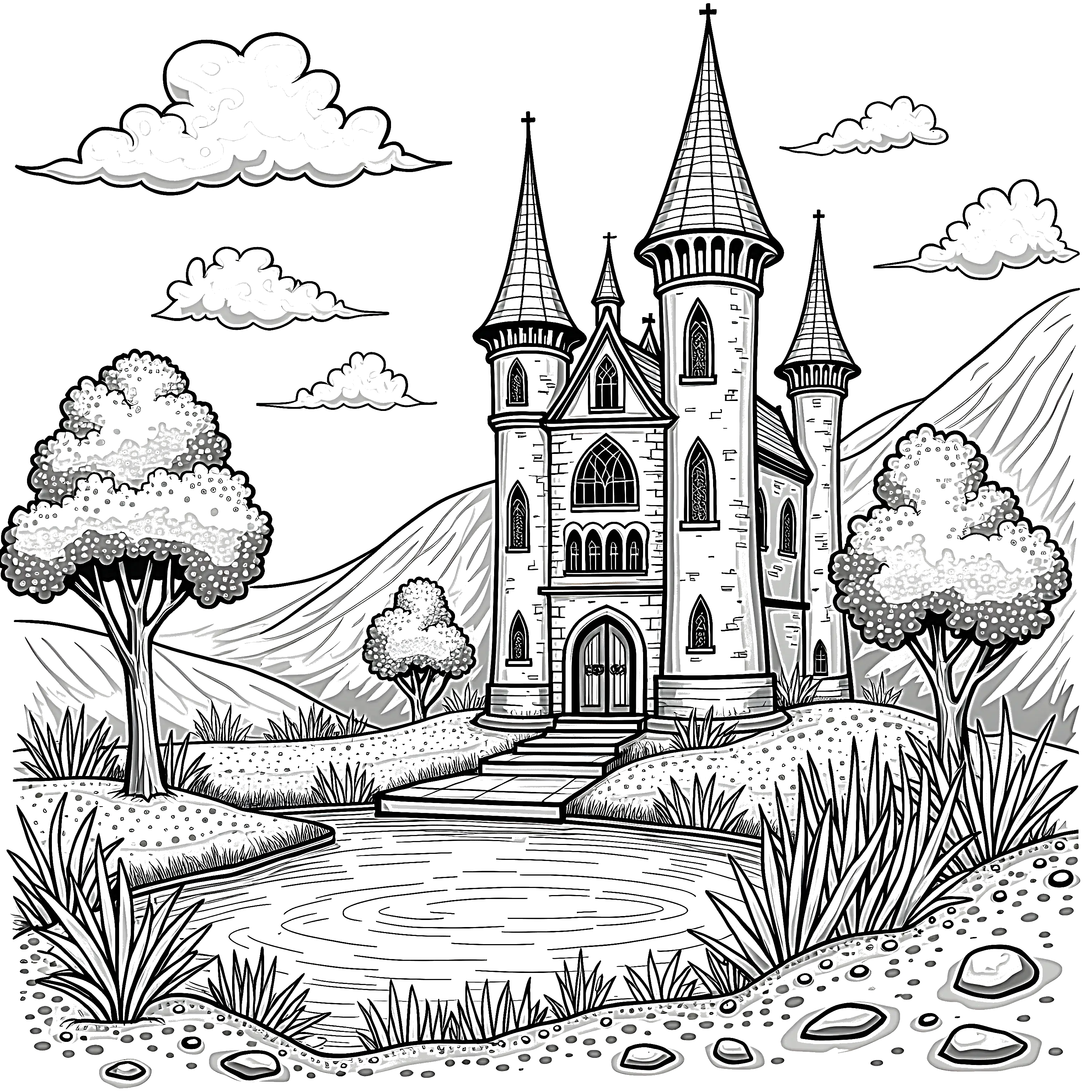 Black and white coloring page of fantasy castle with tall towers and turrets standing in a landscape with trees, clouds, hills, and a pond
