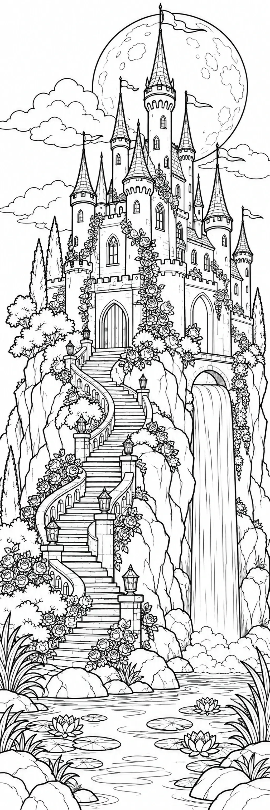 A detailed castle coloring page shows rose-covered towers above a winding staircase, with a full moon, waterfall, and pond in the foreground.
