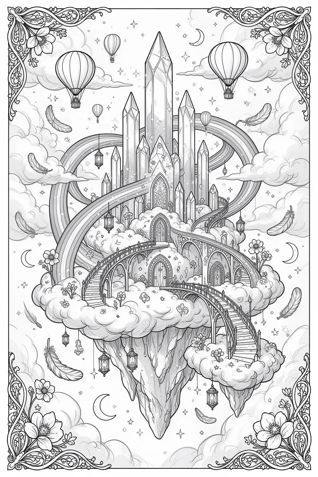 Intricate coloring page of a fantasy cloud city with tall crystal towers, rainbow bridges, hot air balloons, clouds, moons, stars, feathers, and floral corner borders.