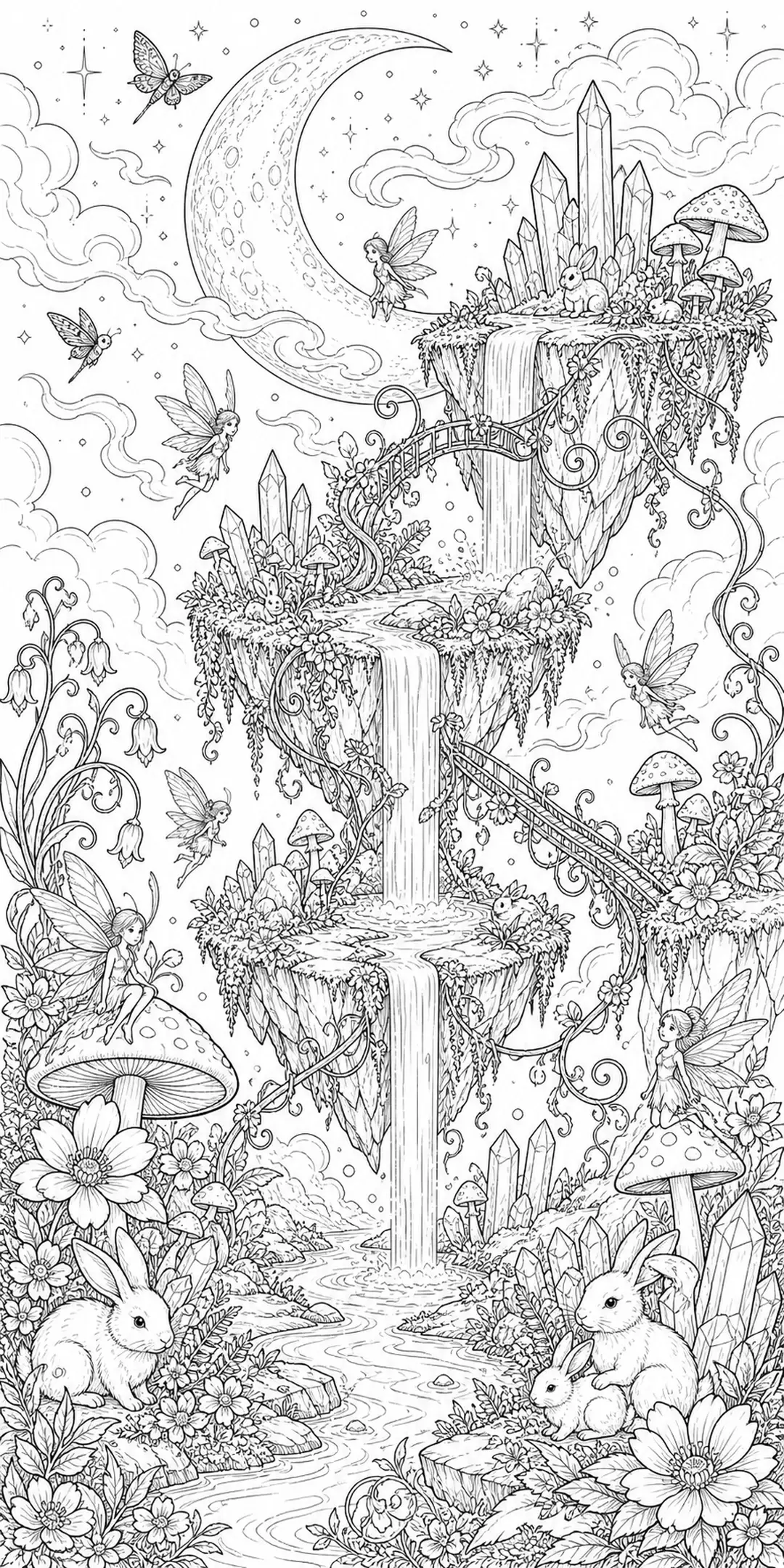 A black-and-white coloring page shows a fantasy fairy landscape with floating islands, waterfalls, crystals, rabbits, and a crescent moon.