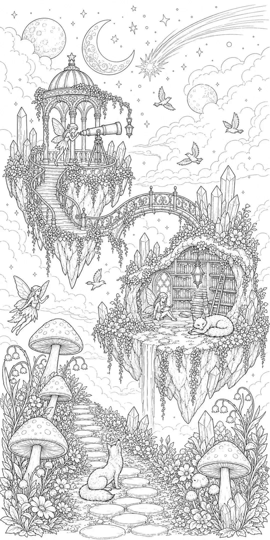 A fantasy coloring page showing floating islands, fairies, a telescope, foxes, birds, crystals, and mushrooms among clouds and stars.