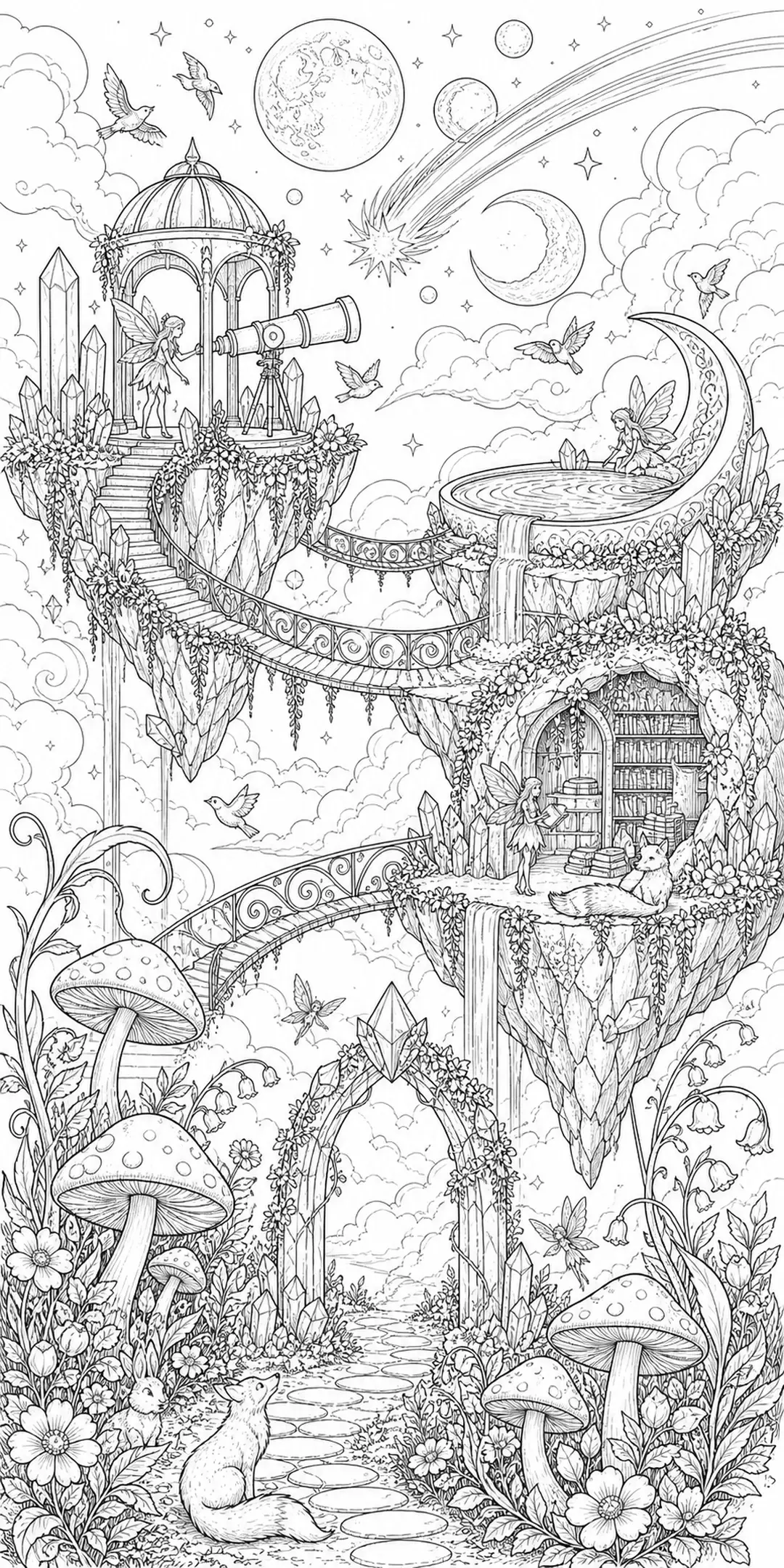 A black-and-white coloring page of a fantasy floating island garden with fairies, a telescope, moons, stars, crystals, and mushrooms.