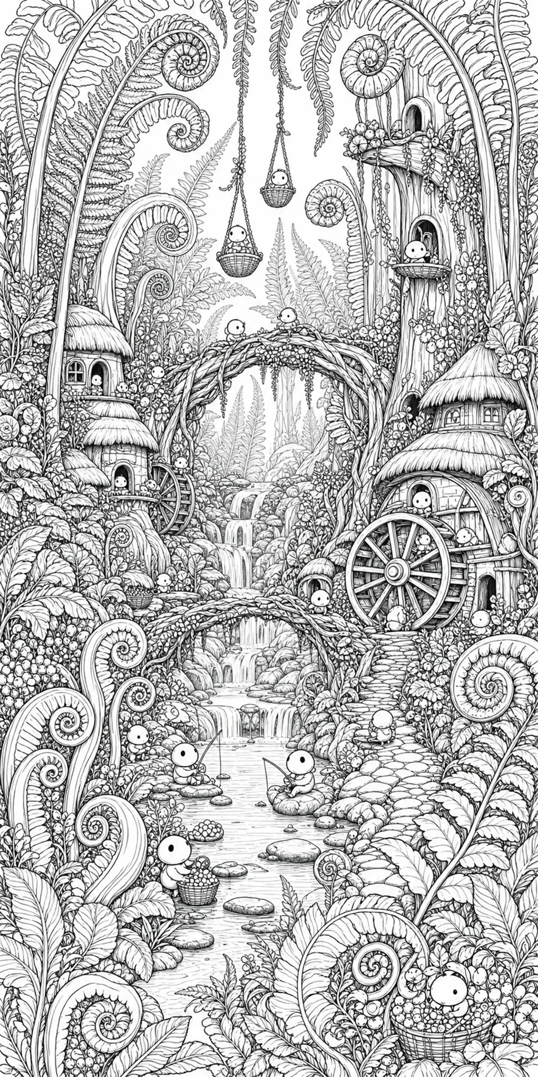 A fantasy forest village coloring page with tiny characters, mushroom-like homes, hanging baskets, and waterfalls.