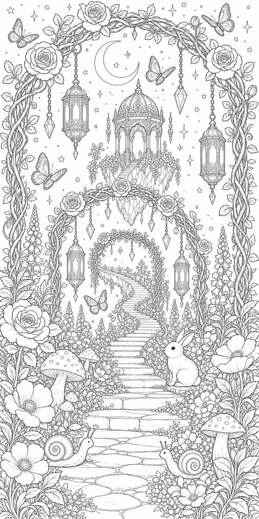 A fantasy garden coloring page with a moon, hanging lanterns, butterflies, flowers, mushrooms, a rabbit, and snails.