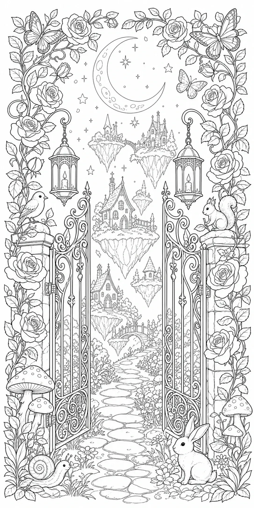 A black-and-white coloring page shows an open garden gate framed by roses, with floating islands, a crescent moon, lanterns, rabbits, and small woodland details.