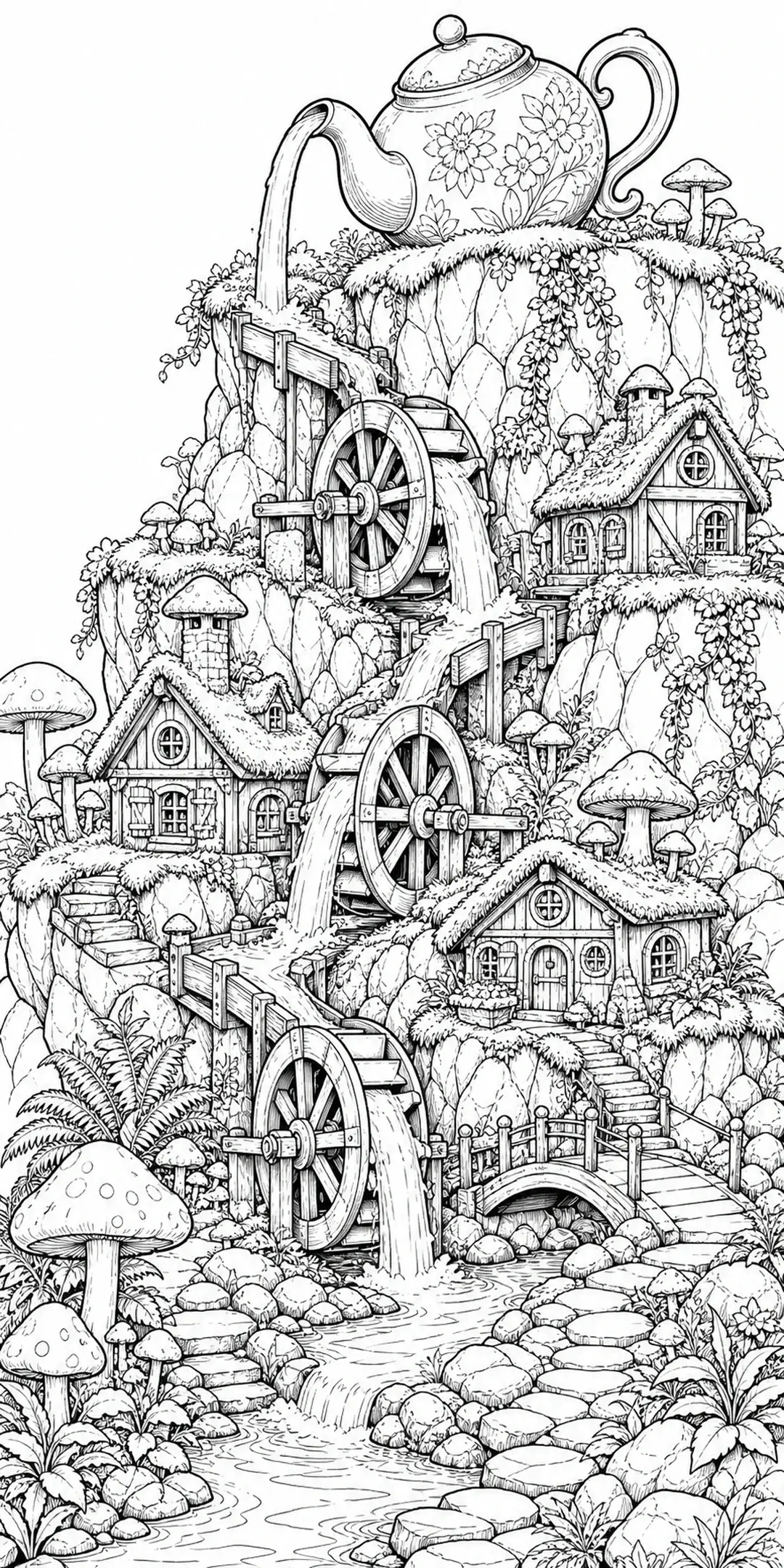 A fantasy village coloring page with cottages, water wheels, mushrooms, and a teapot on a hillside.