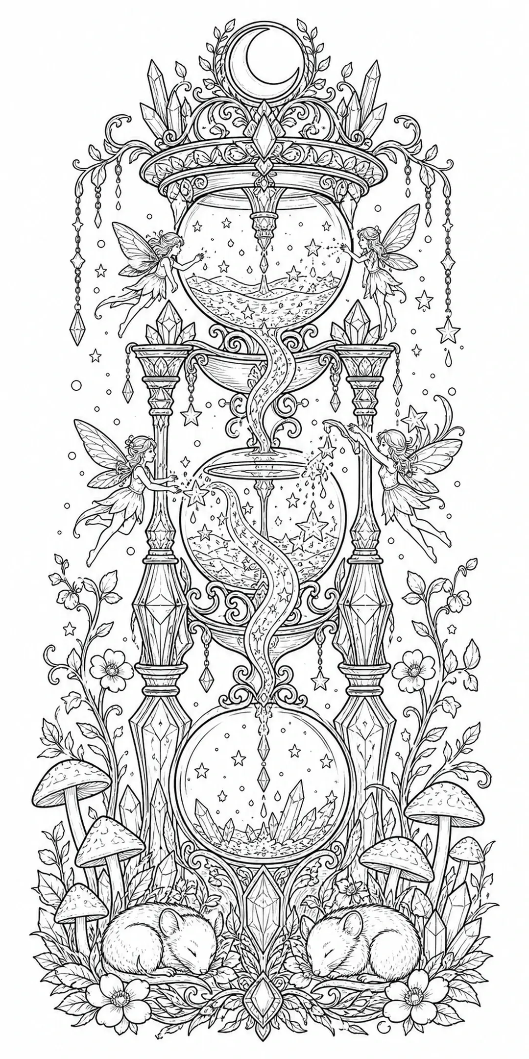 An intricate black-and-white coloring page shows an ornate hourglass with fairies, crystals, stars, mushrooms, and sleeping mice.