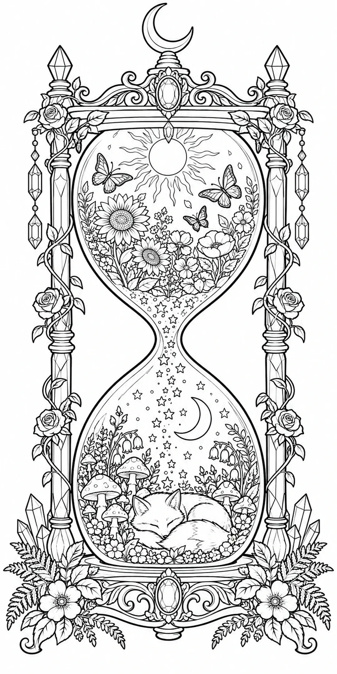 This detailed black-and-white coloring page shows an ornate hourglass with a sleeping fox, flowers, butterflies, a sun, a crescent moon, and stars.