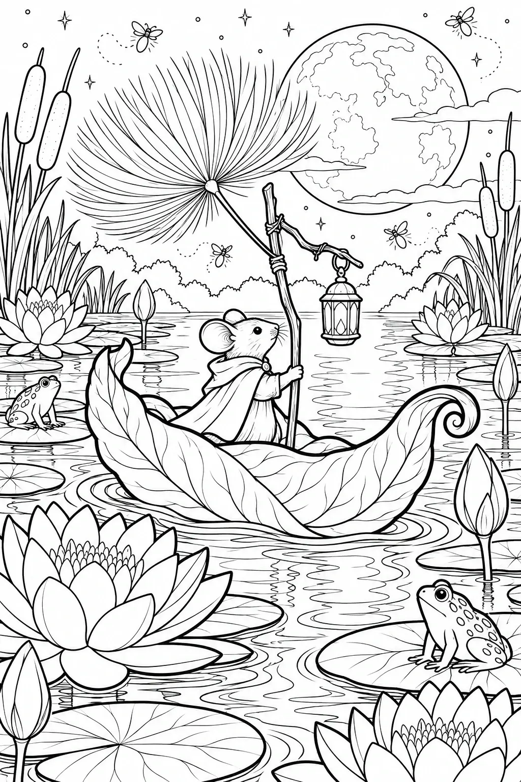 This coloring page shows a cloaked mouse sailing in a leaf boat on a moonlit pond with lotus flowers, frogs, reeds, and a hanging lantern.