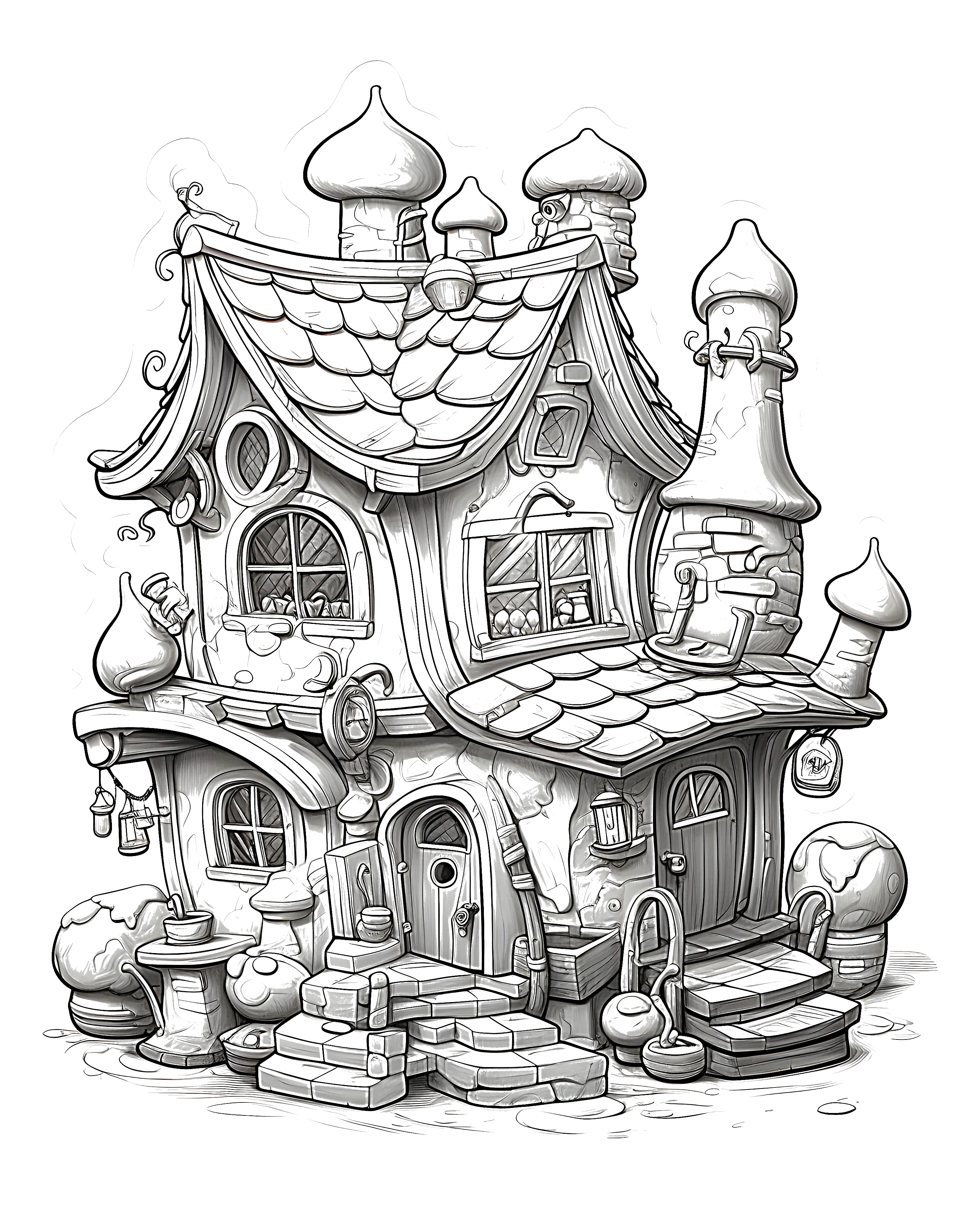 Black and white coloring page of whimsical fantasy mushroom house with multiple rounded roofs, windows, doors, and small steps in black and white line art