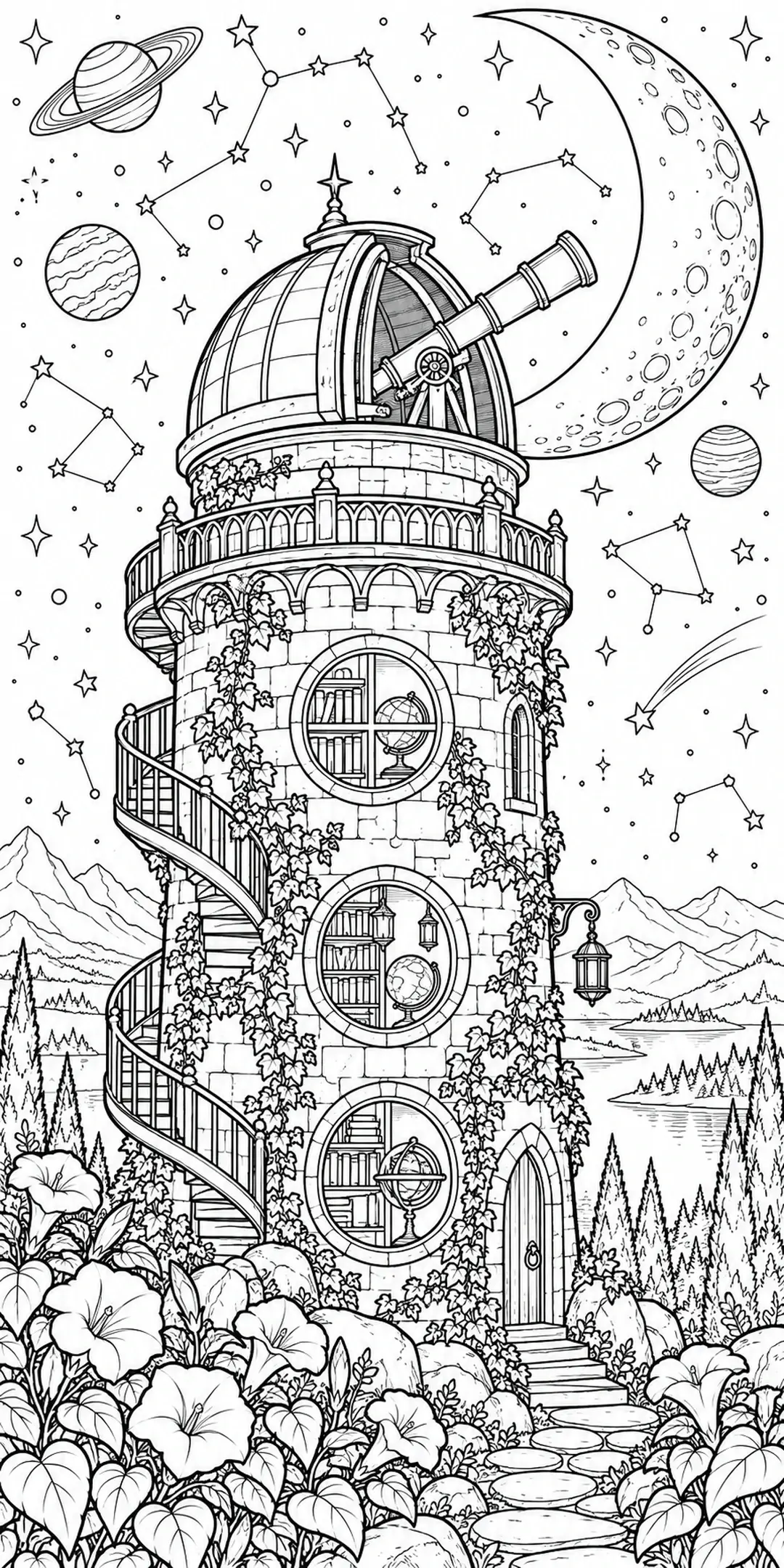 A detailed fantasy observatory tower with a telescope, spiral stairs, round windows, a crescent moon, planets, stars, mountains, and flowers forms this coloring page.