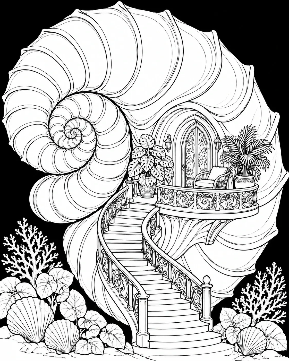 This detailed coloring page shows a large curled shell surrounding a house with an ornate balcony, curved staircase, potted plants, coral, and seashells.