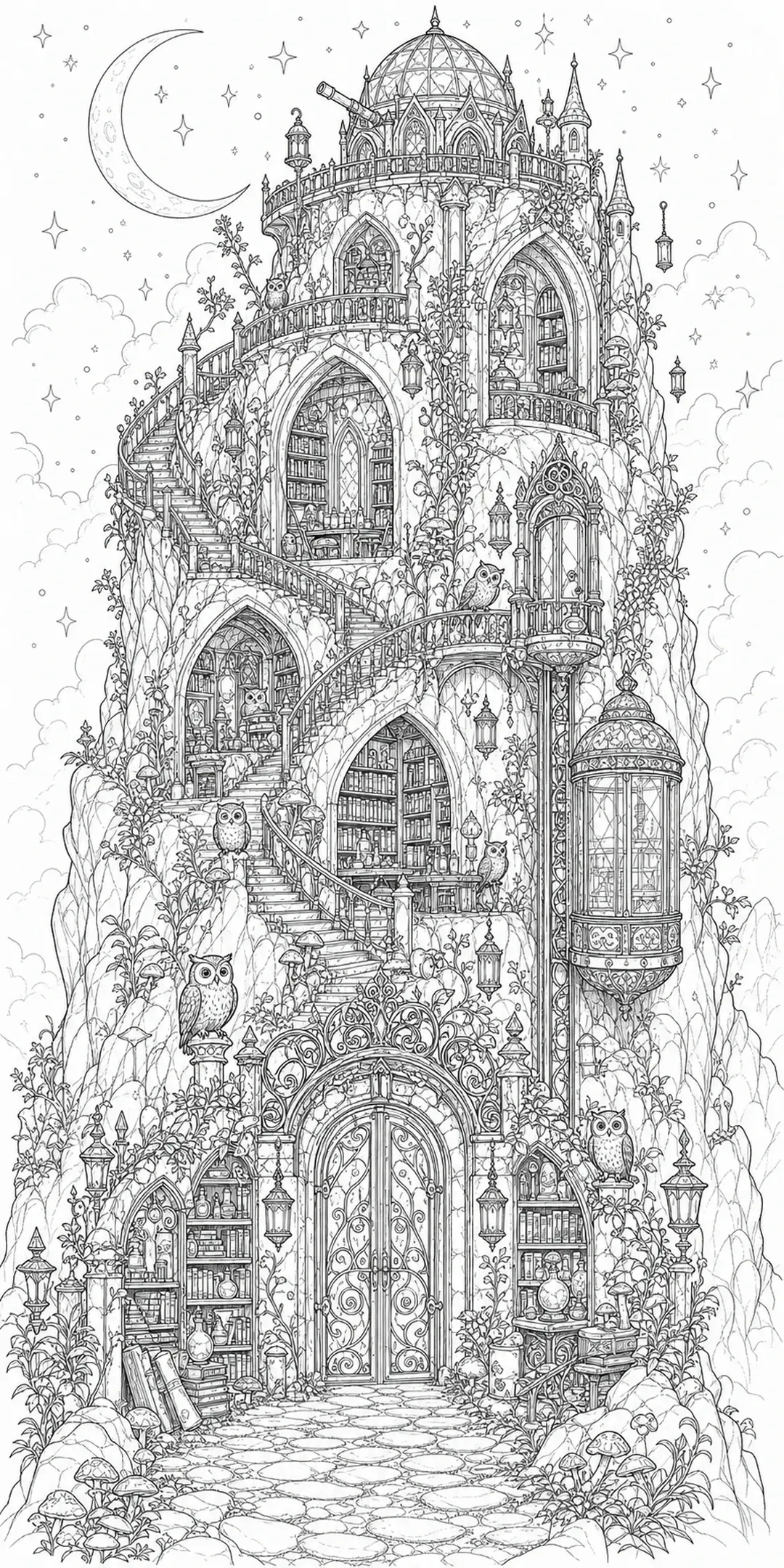 An intricate coloring page of a fantasy tree library tower with owls, a crescent moon, stars, and lanterns.