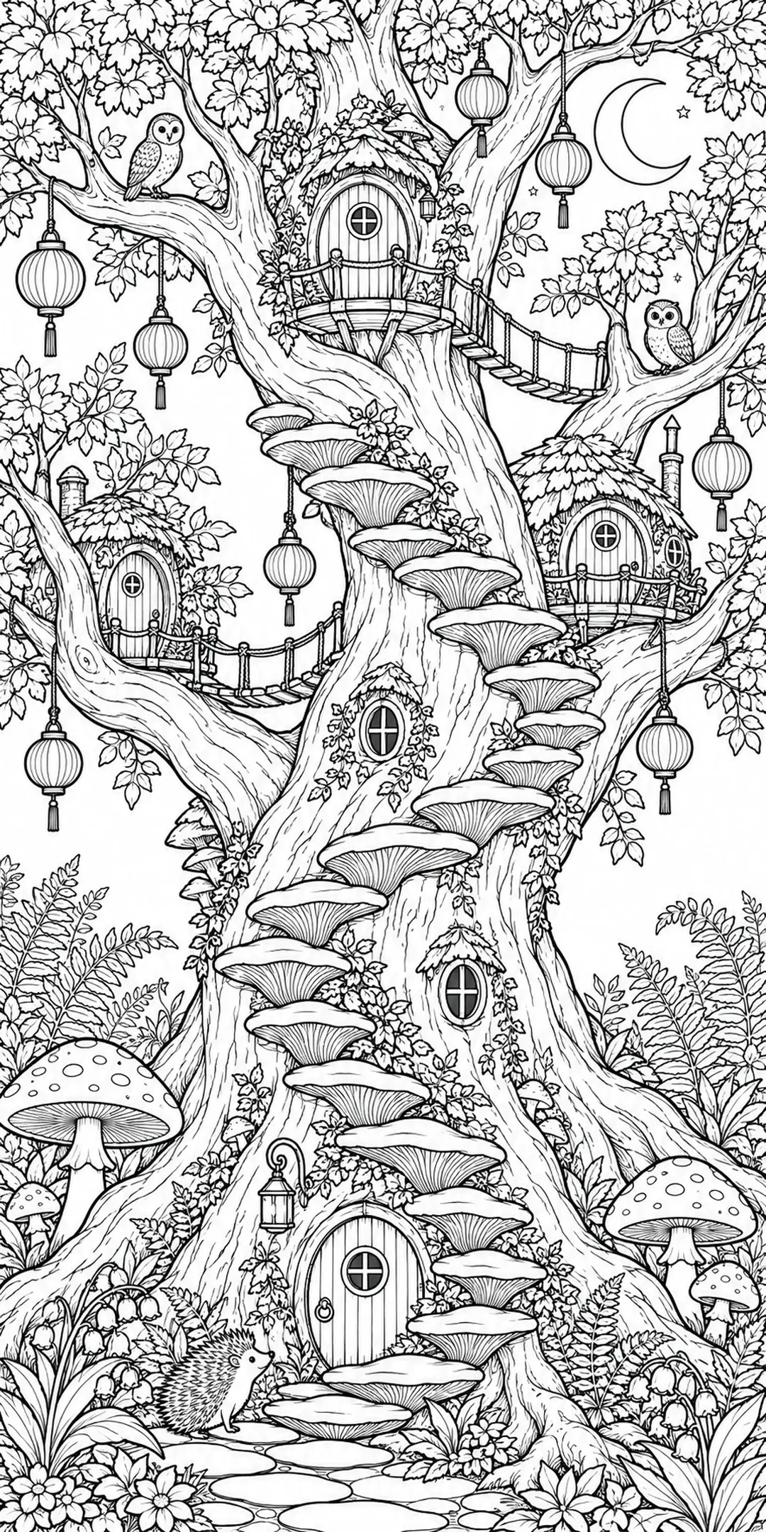This black-and-white coloring page shows a village of homes in a huge tree, with mushroom stairways, hanging lanterns, two owls, and a hedgehog.