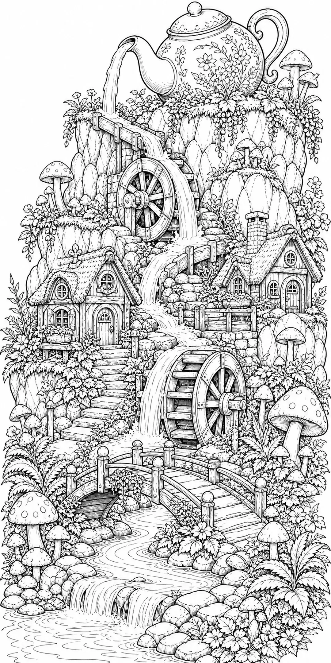 A fantasy village coloring page shows mushroom-covered hills, cottages, waterfalls, waterwheels, and a small bridge in black-and-white line art.