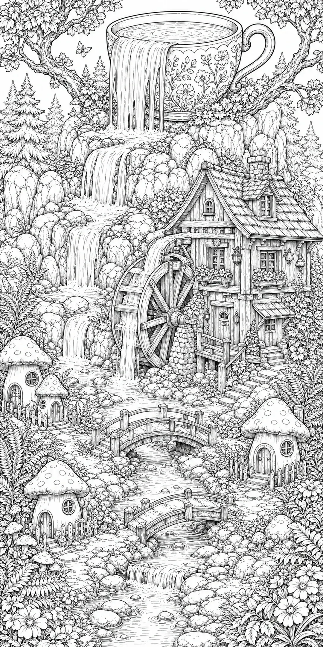 A black-and-white coloring page showing a fantasy waterfall village with a teacup, cottage, bridges, and mushroom houses.
