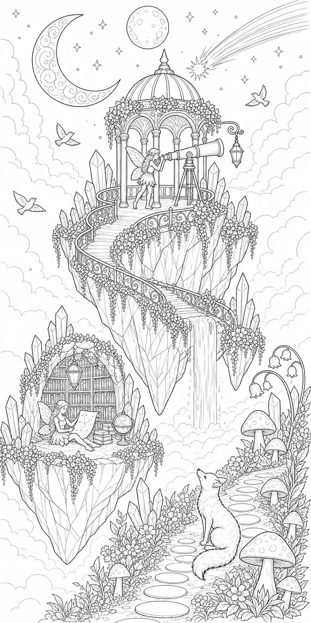 A detailed coloring page shows a fairy kingdom on floating crystal islands with a moon, stars, birds, a fox, and mushrooms.