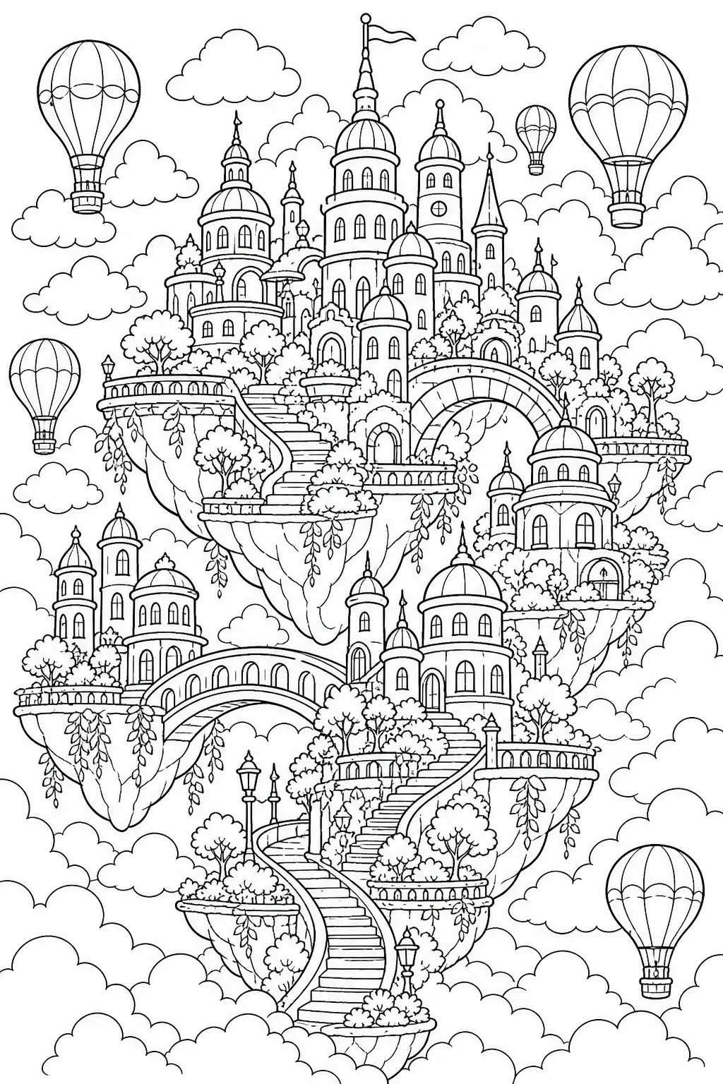 Detailed coloring page of a floating fantasy city with castles, bridges, stairs, clouds, and hot air balloons.