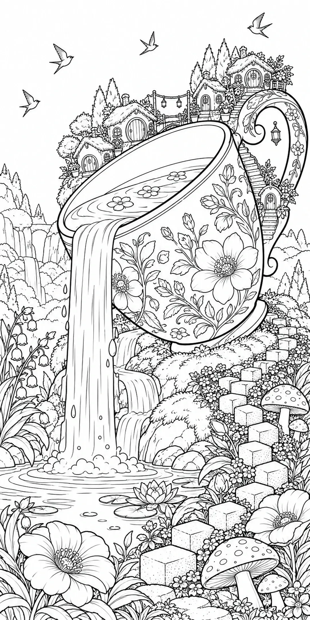 This coloring page shows a giant flower-decorated teacup pouring water into a pond, with tiny cottages, flowers, mushrooms, and birds surrounding it.