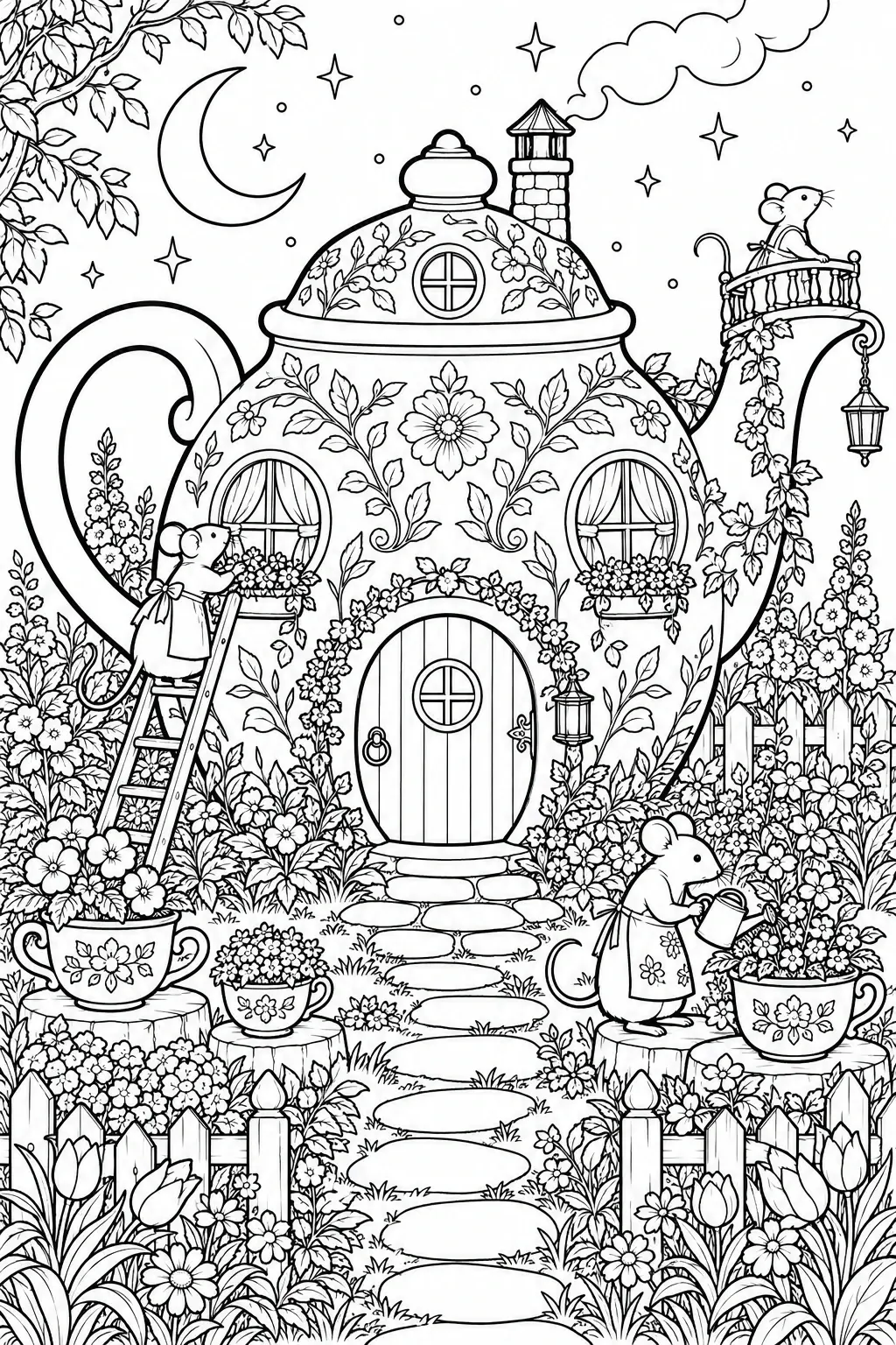 A detailed coloring page shows a flower-covered teapot cottage with three mice, a crescent moon, and a garden path.